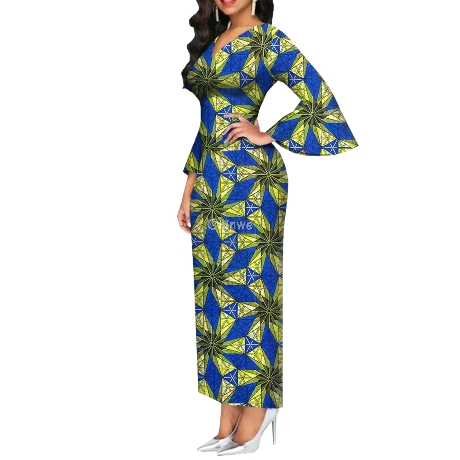 Imani One Shoulder Flare Sleeve Ankara Dress In Royal Roots Women’s Clothing