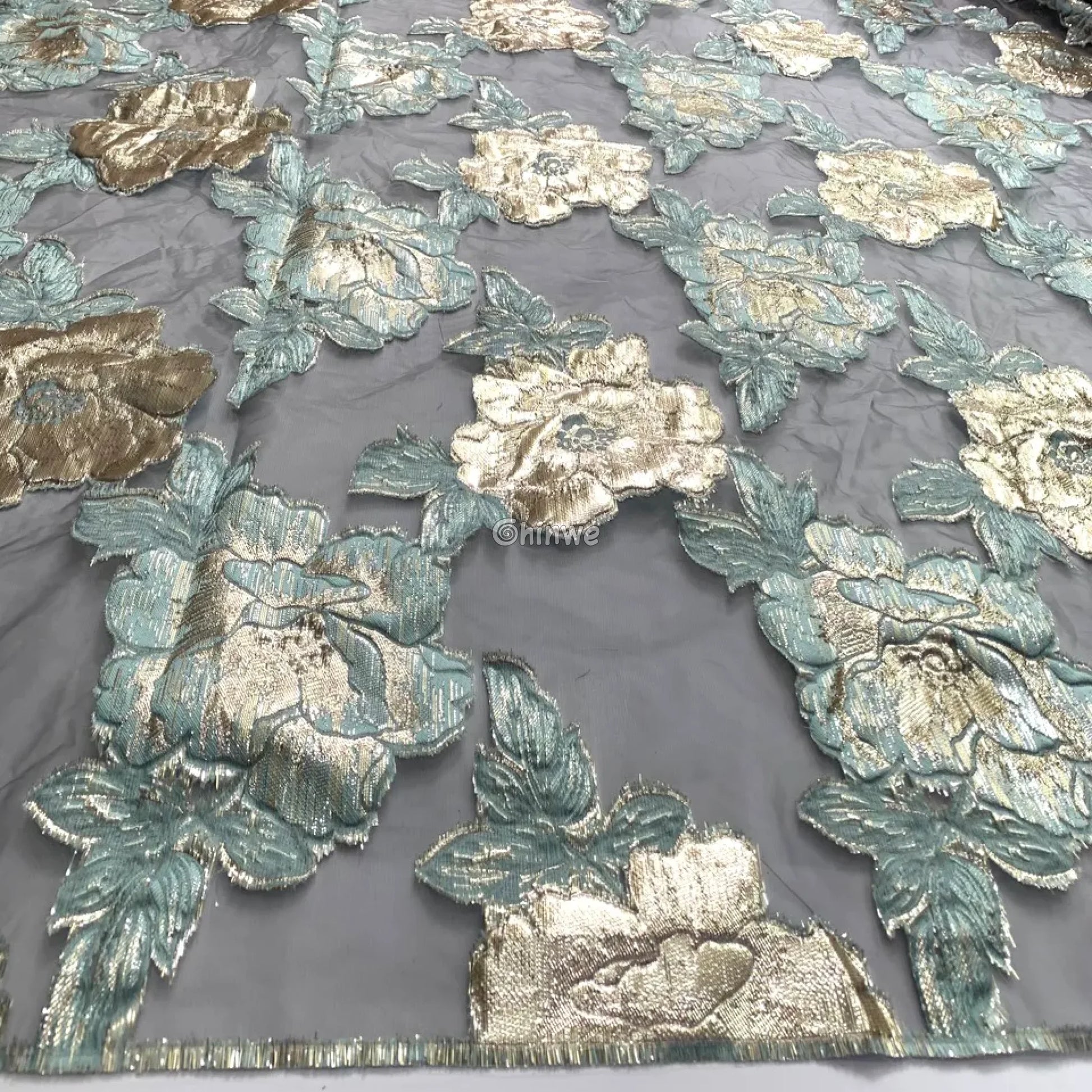 Jacquard Brocade Floral Lace Fabric with Metallic Embroidery and Sheer Mesh Backing Overlay Lace