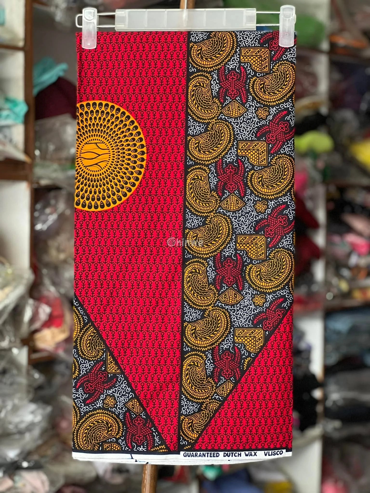 Regal Sunburst Paisley Fabric – Red and Yellow Ankara Wax Print with Intricate Detail 6 Yards African Wax Print Fabric