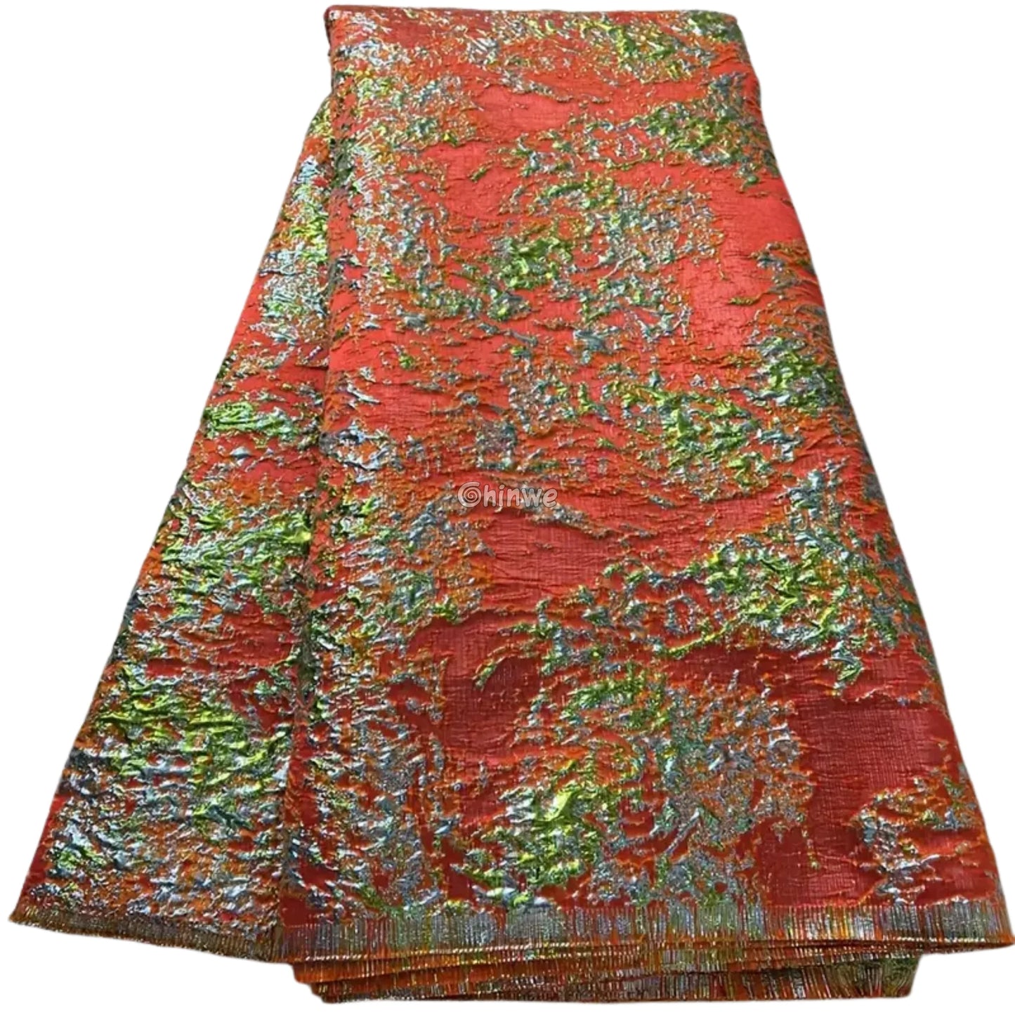 Holographic Crinkle Foil Brocade Fabric – 3D Metallic Texture with Multicolor Reflective Shine Red-Gold Floral Damask