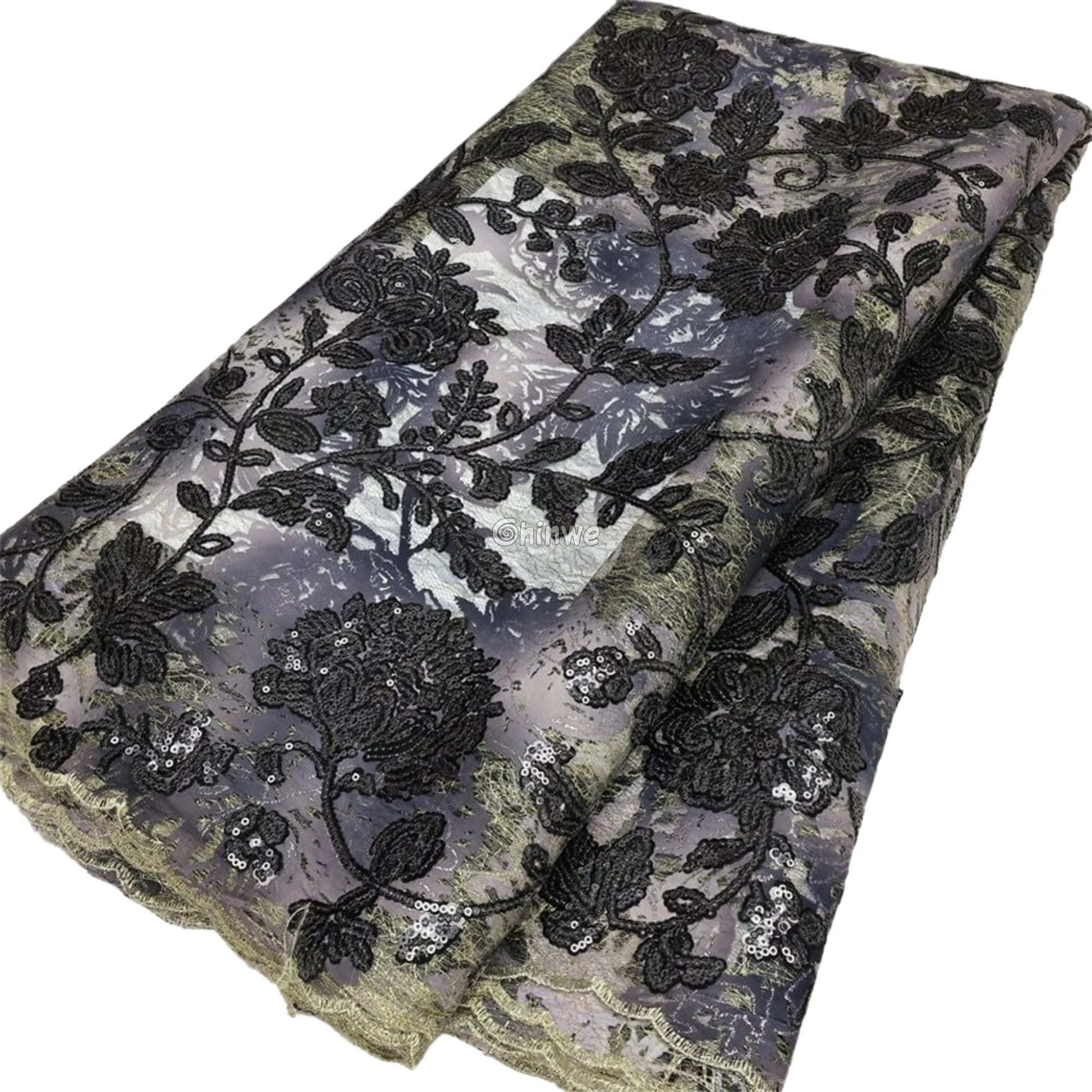 Sequined Floral Vine Embroidered Lace with Sheer Textured Base and Shimmer Finish Lace