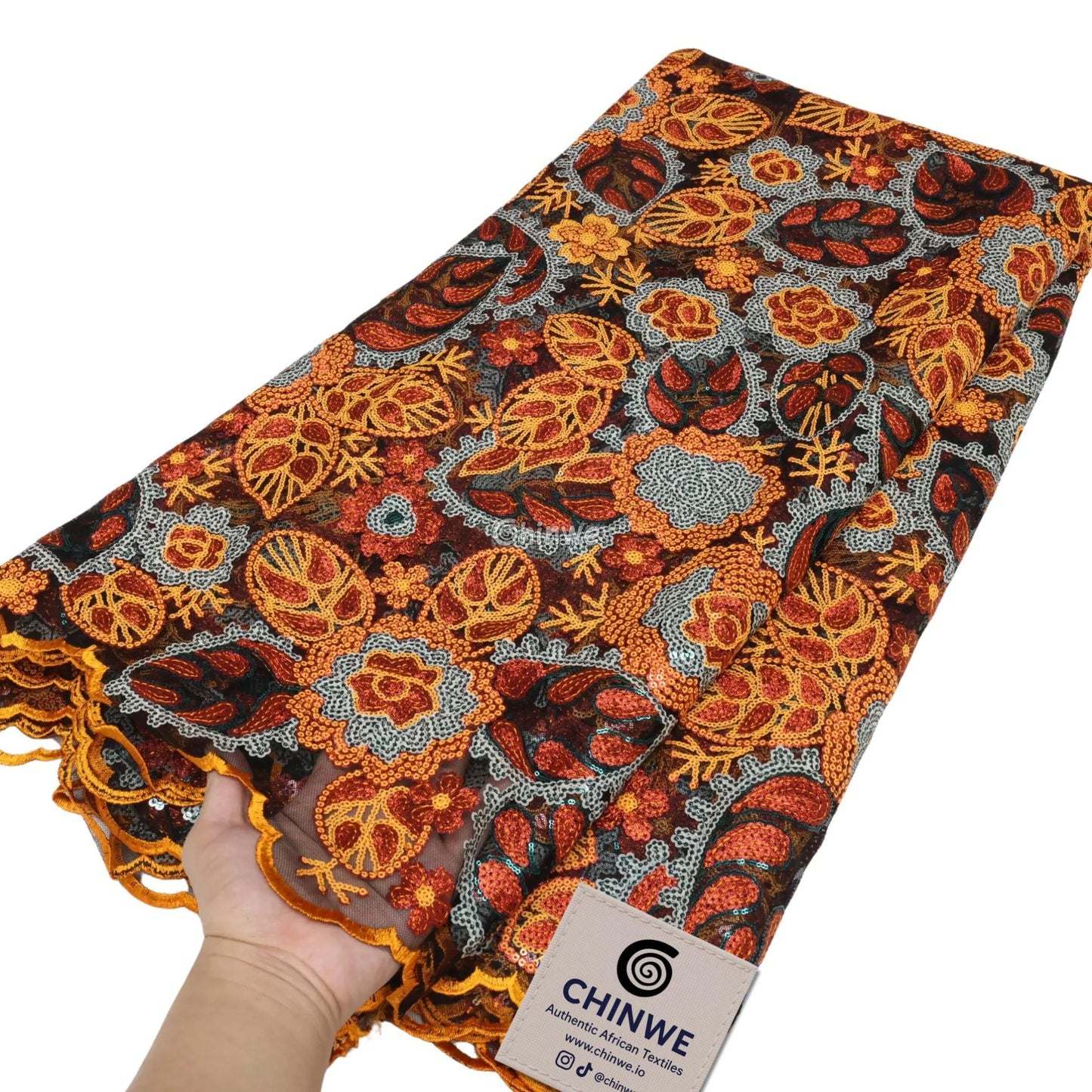 Sequined Leaf & Floral Motif Lace Print Fabric with Scalloped Edge