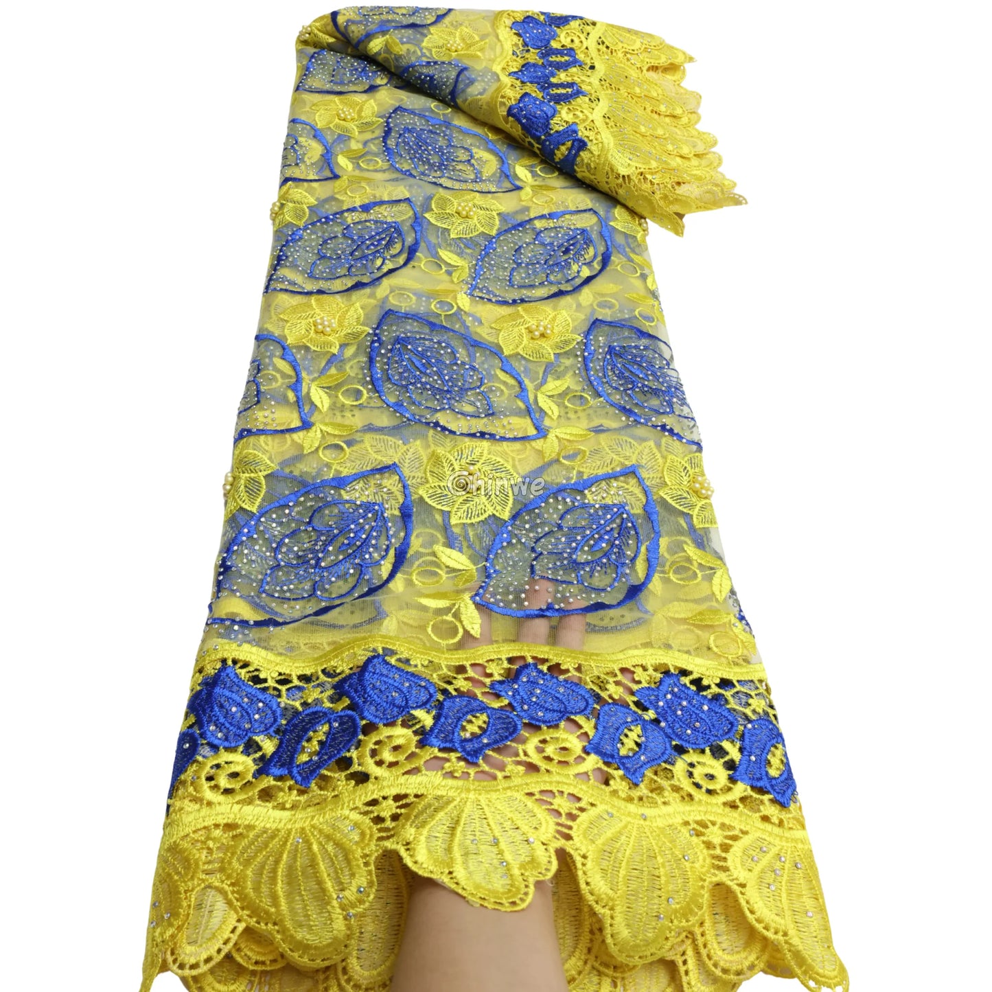 Two-Tone Leaf Motif Sequined Lace Fabric on Sheer Mesh Base with Pearlescent Beaded Details Lemon Yellow & Cobalt Blue