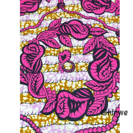 Magenta Vine & Leaf Print on Lilac and Gold Batik Texture with Beaded Motif Accents, African Wax Cloth