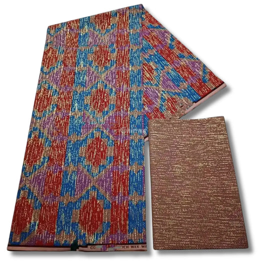 Red Blue & Lilac Kente Brocade with Radiant Medallion Motif and Gold Metallic Detailing Sunburst Jewel Kente / 6yards