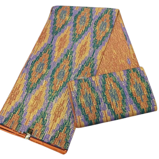 Orange, Green & Gold Kente Brocade with Wavy Ikat Motif and Iridescent Thread Textur