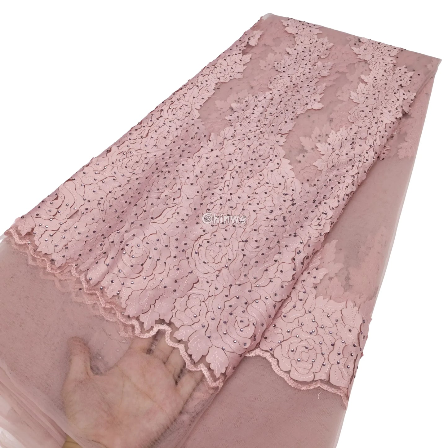 Sequined Floral Appliqué Lace Fabric with Scalloped Edge Sheer Tulle Base & Delicate Texture Lace