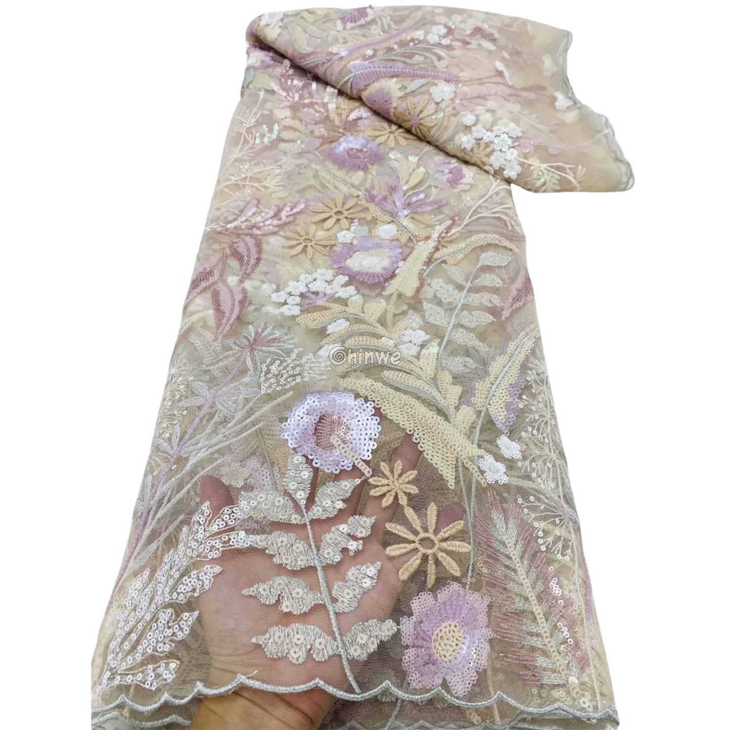 Black & Marigold Botanical Floral Vine Sequined Embroidered Scalloped-Edge Lace Fabric Champagne & Blush Floral / 5
