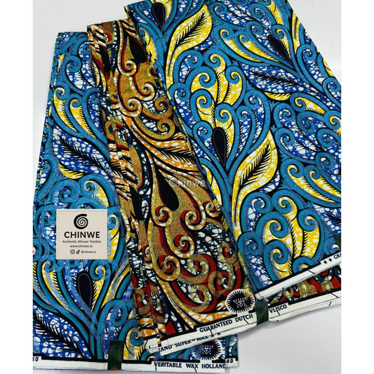 Teal and Yellow Scroll Leaf Motif on Blue Batik Print with Curved Lines & Feathered Accents Wax Cloth