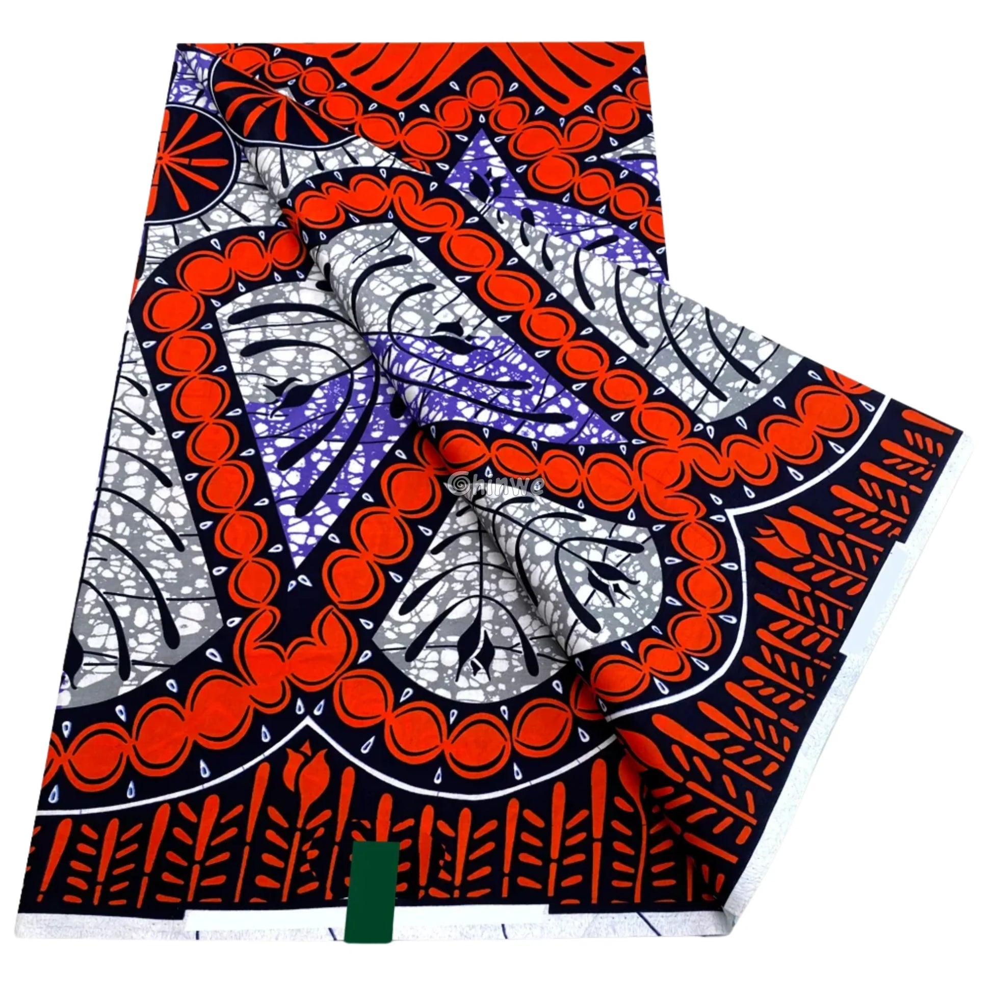 Fiery Orange Triangle Bloom with Gray Leaf Panels and Navy Botanical Borders on Wax Cotton