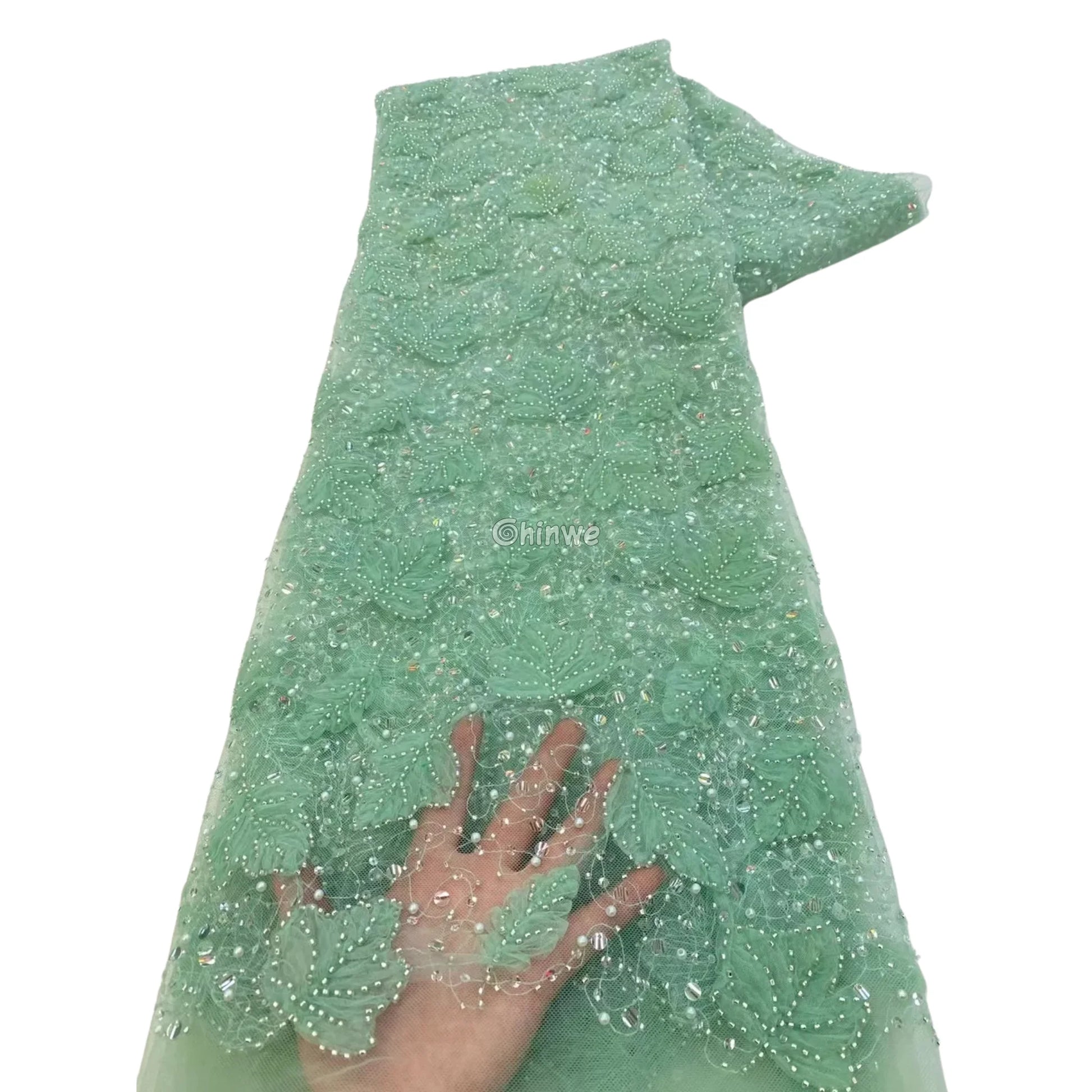 Beaded 3D Leaf Lace with Iridescent Accents on Soft Mesh for Luxury Garment Crafting Lace