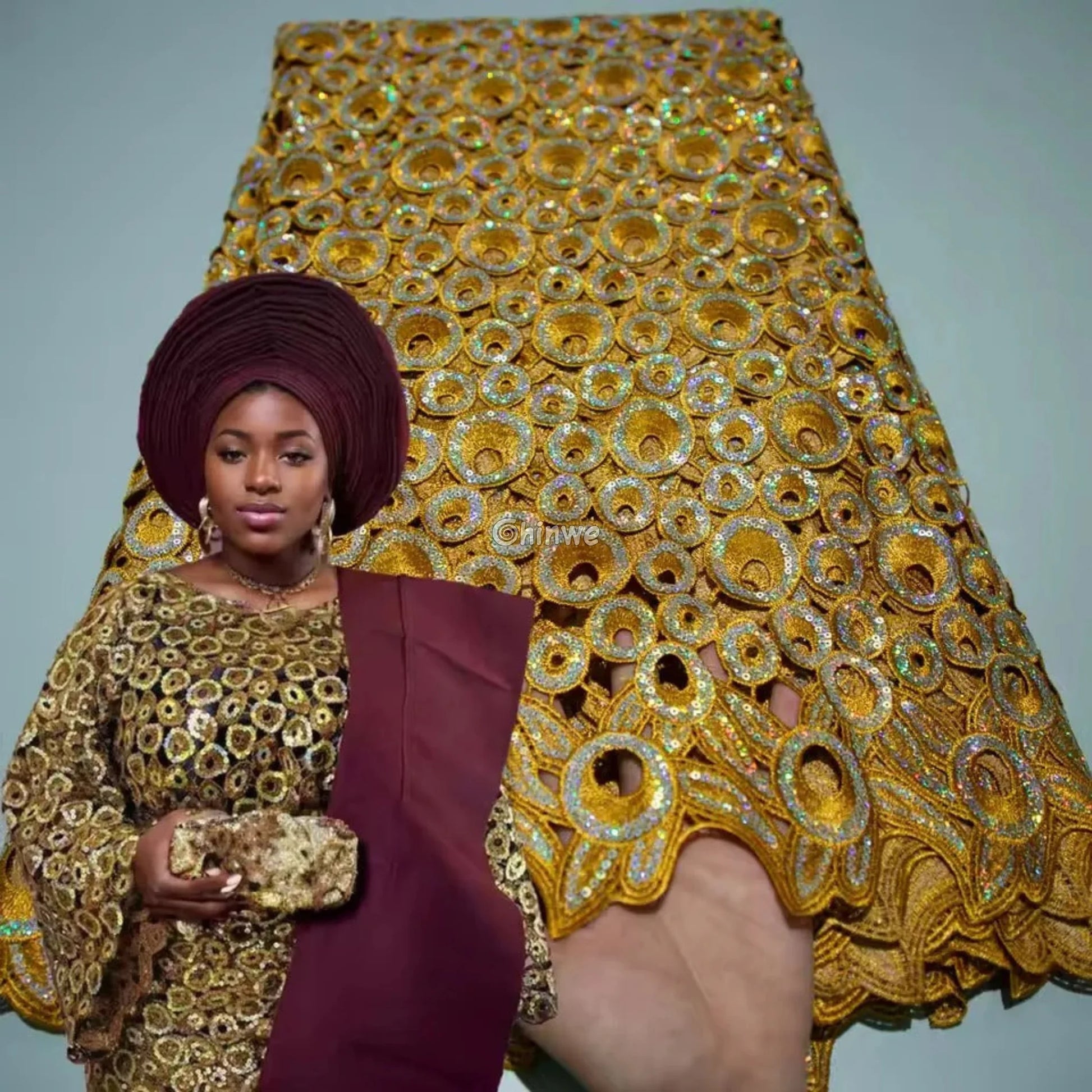 Vibrant Multi-Tone & Holographic Circular Sequins Print Guipure Cord Lace Fabric for Bridal & Couture Gowns Lace Fabric