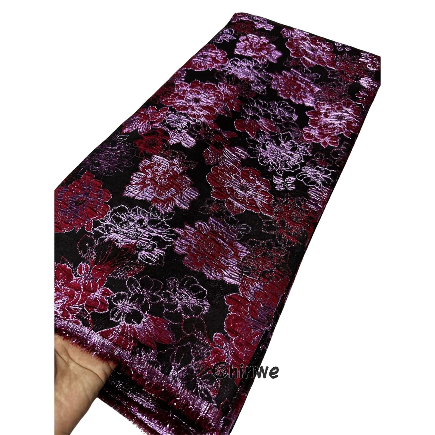 Metallic jacquard damask with raised floral pattern and gilded finish, embroidered on tulle base