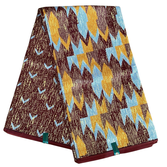 Brown Gold & Blue Kente Brocade with Flame Chevron Motif and Shimmering Metallic Detail Desert Ember Kente / 6yards
