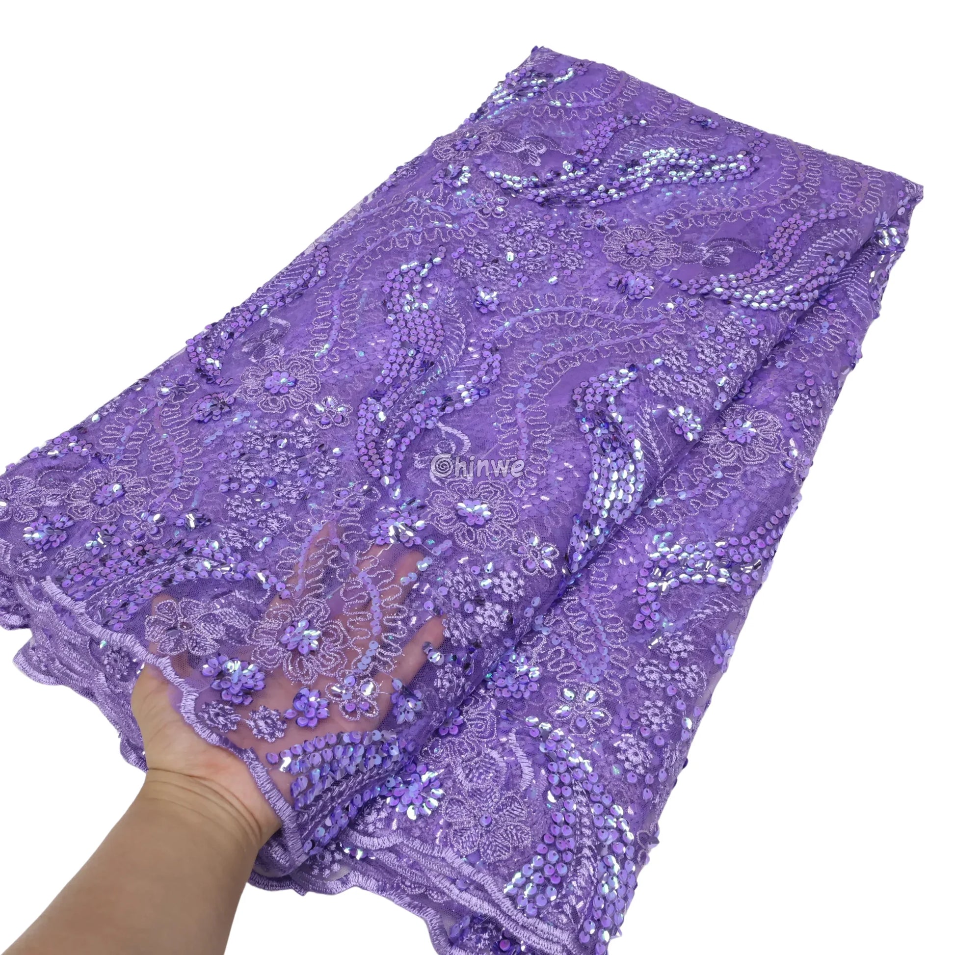 Sequin‐Embroidered Paisley Lace Fabric with Raised Floral Appliqué and Scalloped Border Lavender Haze Sequin Lace / 5