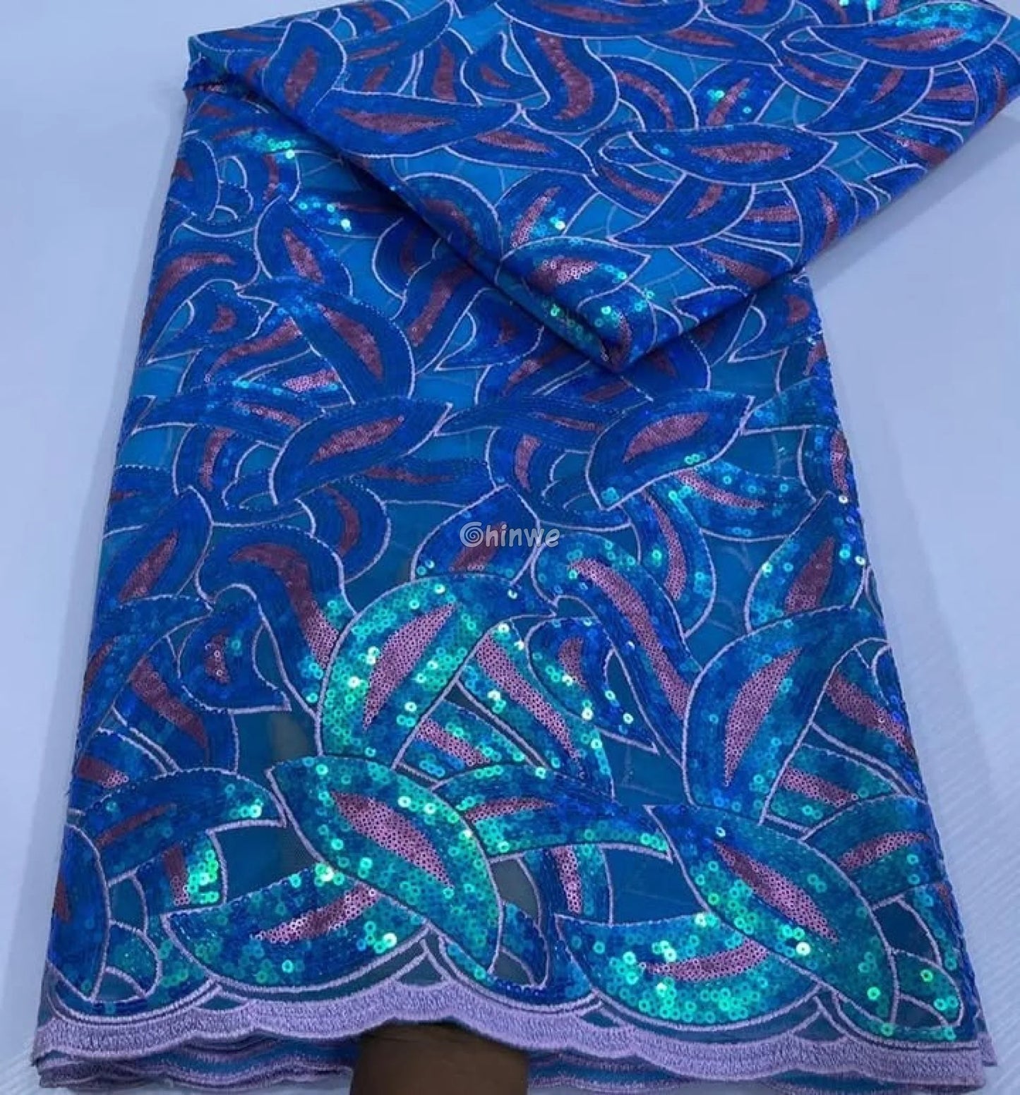 Interlocking Loop Abstract Motif Sequin Lace Print Fabric with Sheer Tulle Base Lace