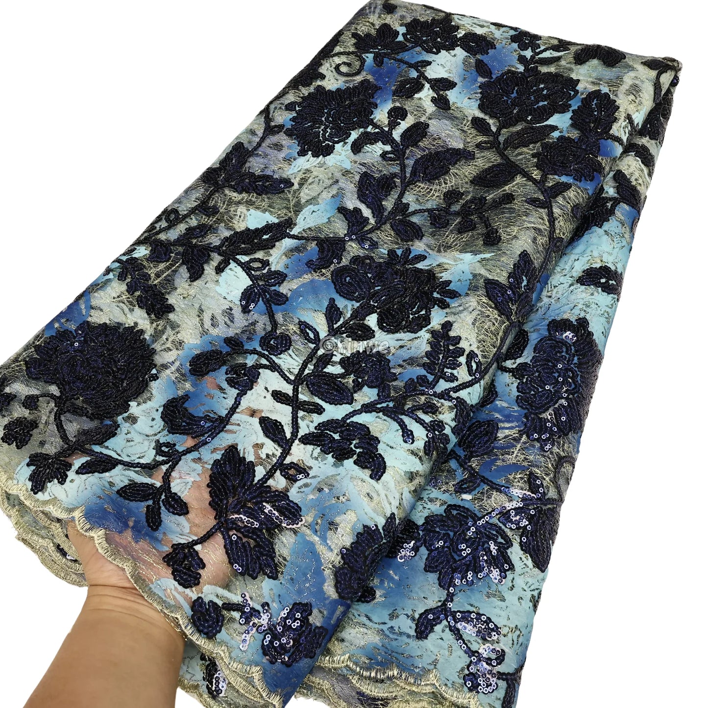 Sequined Floral Vine Embroidered Lace with Sheer Textured Base and Shimmer Finish Lace