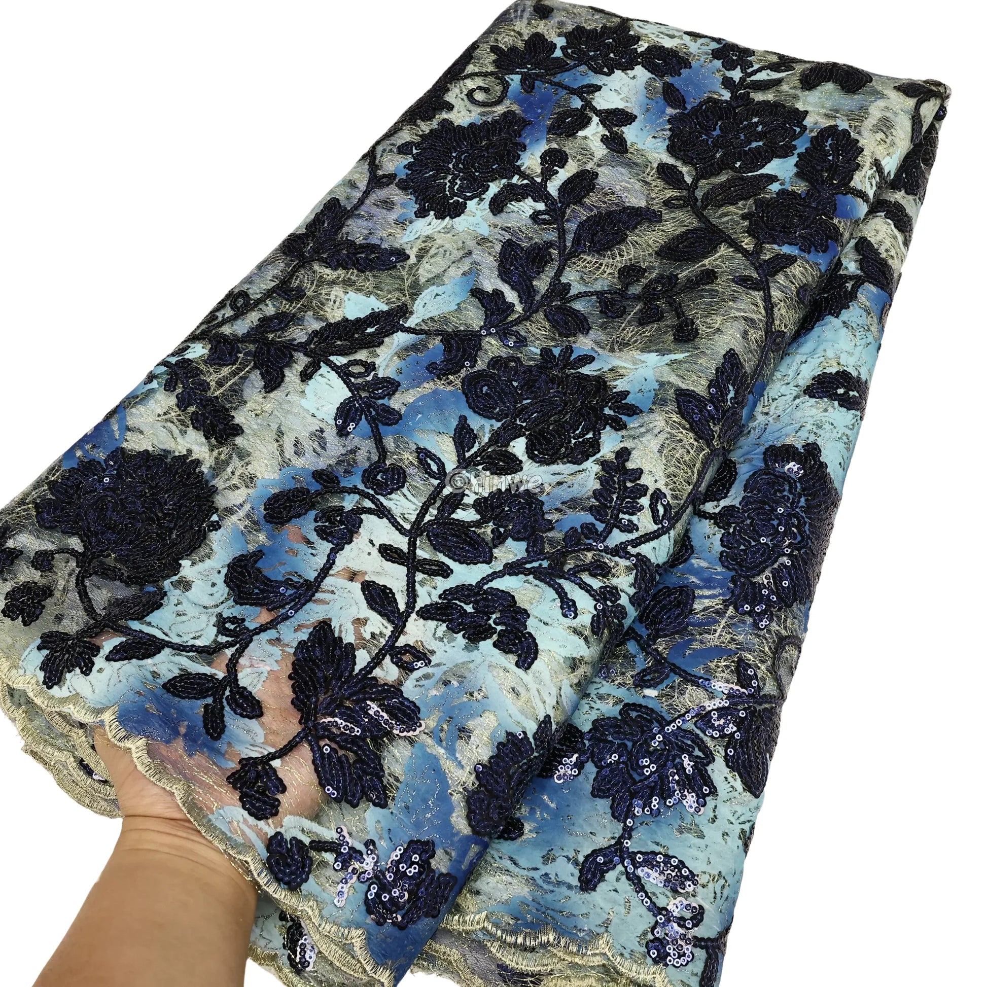Sequined Floral Vine Embroidered Lace with Sheer Textured Base and Shimmer Finish Lace