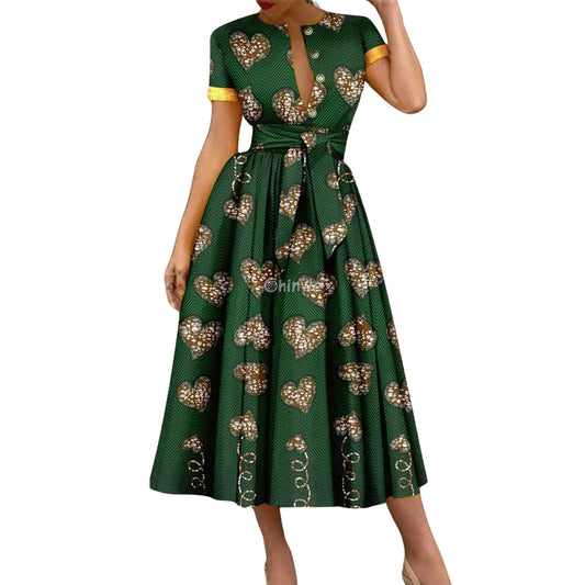 Ada Midi Belted Ankara Dress Jewel Earth Olive Heart Garden / Customized Women’s Clothing