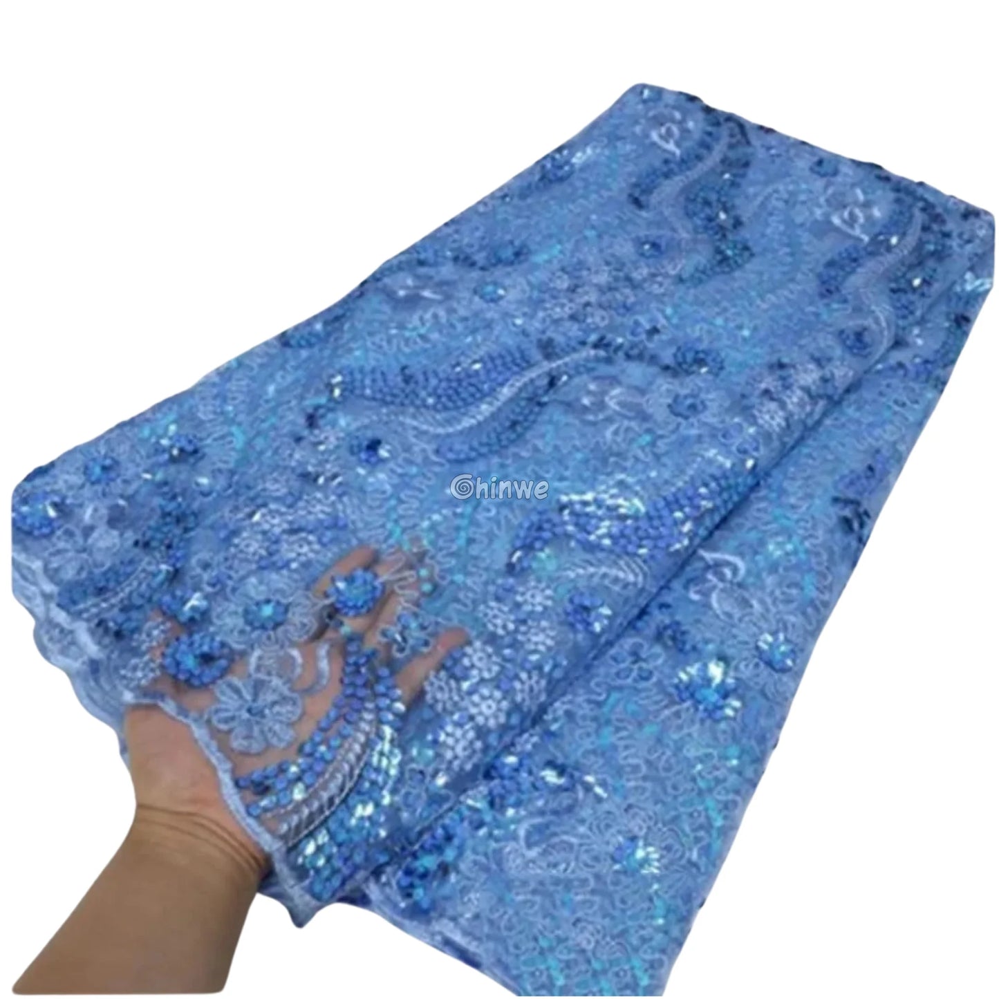 Sequin‐Embroidered Paisley Lace Fabric with Raised Floral Appliqué and Scalloped Border Sky Azure Sequin Lace / 5 Yards