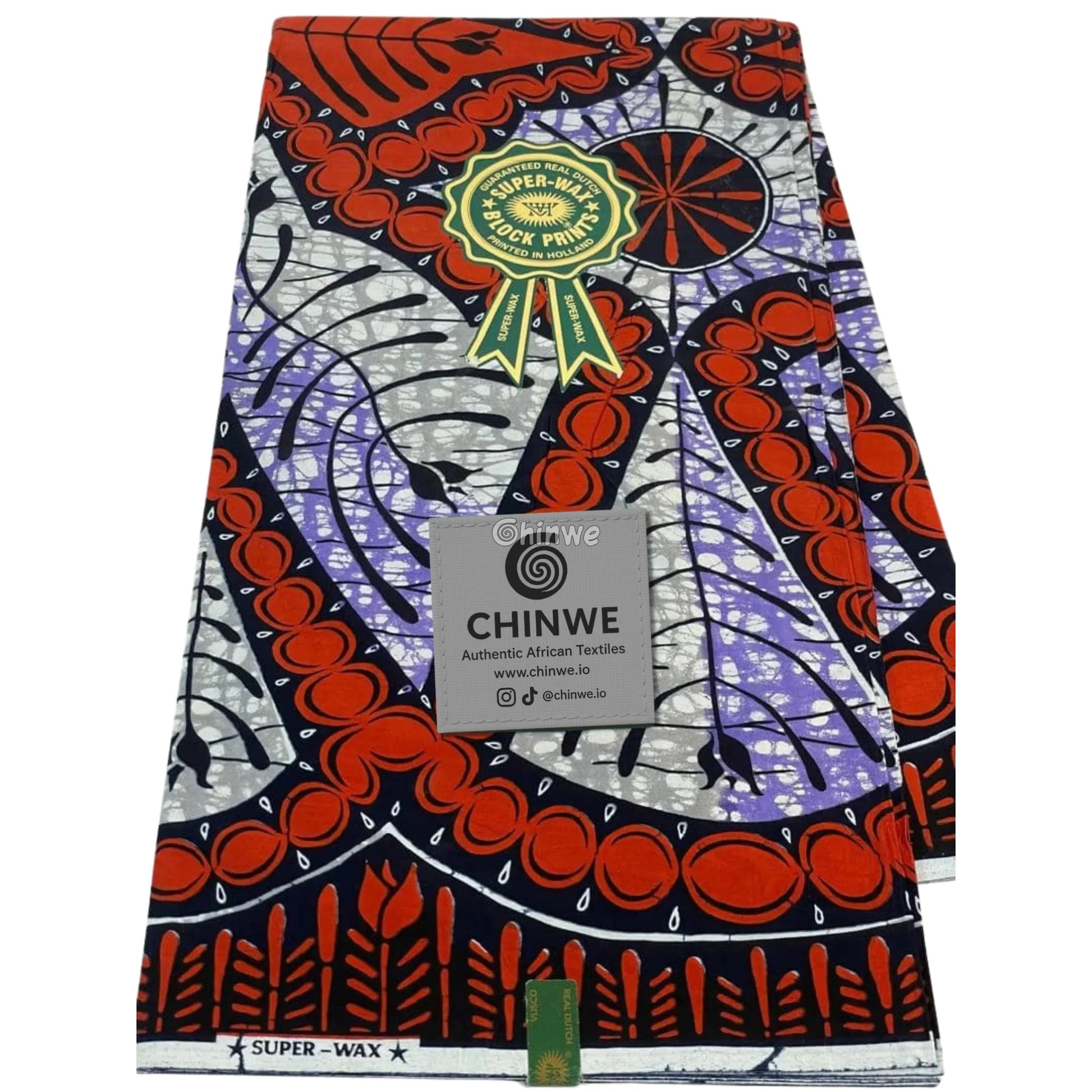 Fiery Orange Triangle Bloom with Gray Leaf Panels and Navy Botanical Borders on Wax Cotton