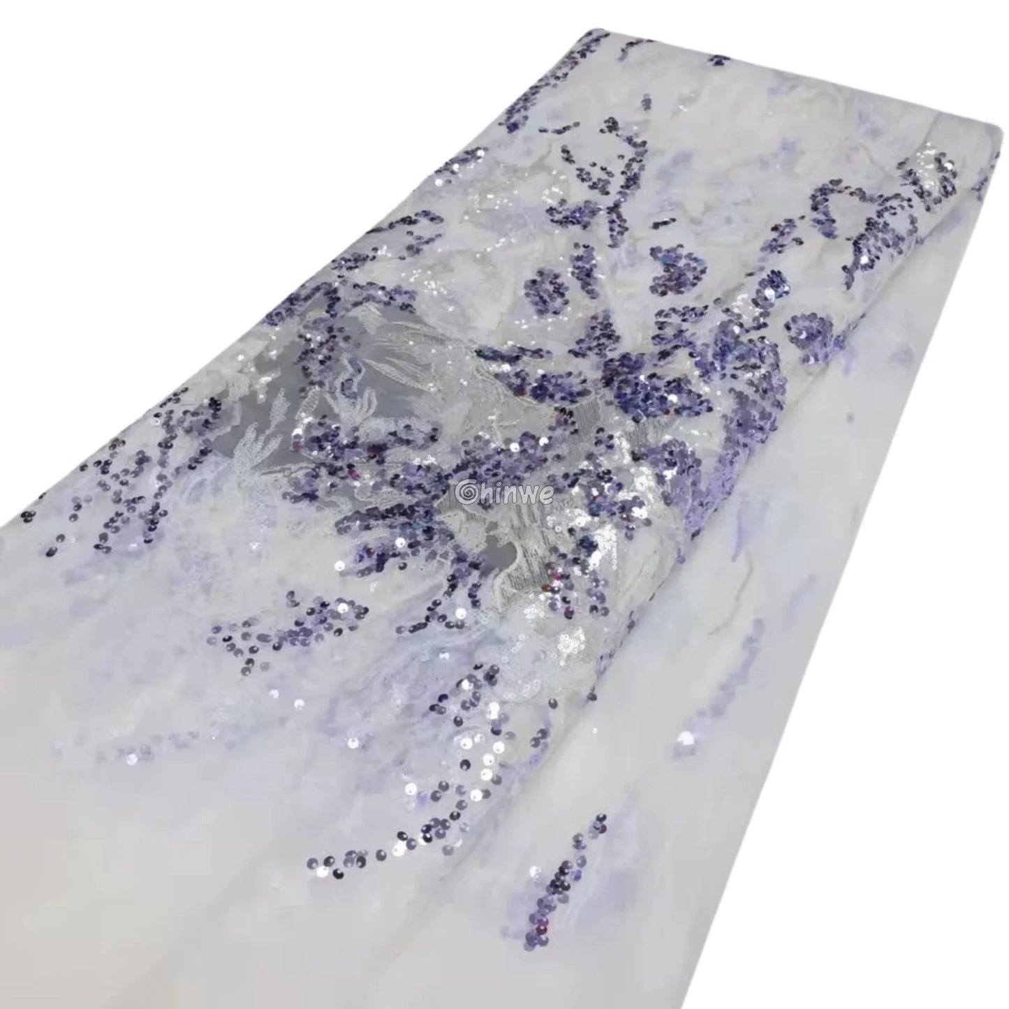 Lilac & Silver Abstract Swirl Sequin Lace Fabric with Floral Embroidery Motif and Sheer Mesh Lilac & Silver Abstract