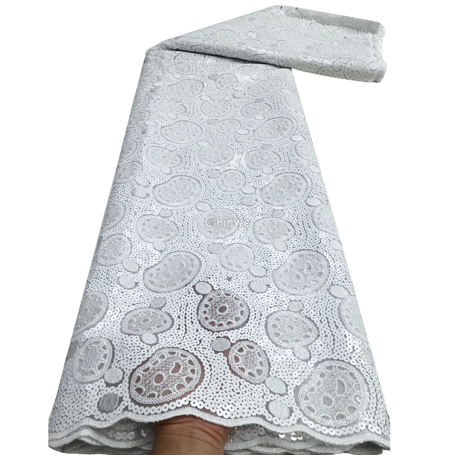 Sheer Sequined Stretch Lace Geometric Circle & Medallion Embroidered Print Fabric Lace