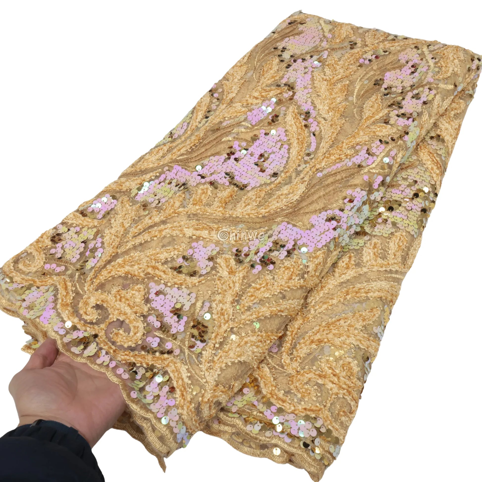 Sapphire Blue Champagne Gold & Emerald Green Swirl Appliqué Sequined Mesh Print Fabric Lace