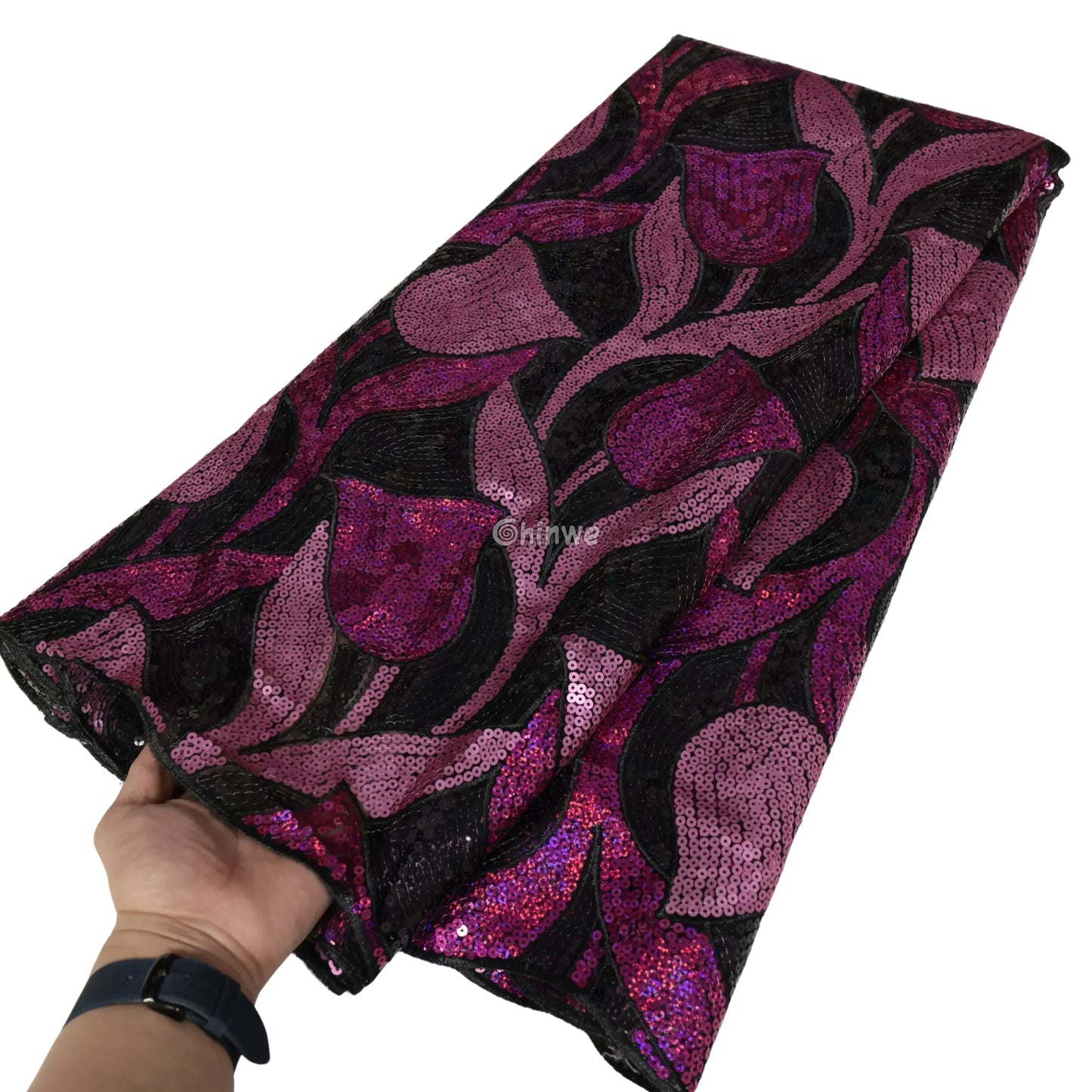 Sheer Mesh Tulip Petal Sequin Lace Print Fabric with Overlapping Curved Petal Appliqués Black & Fuchsia Tulip-Petal