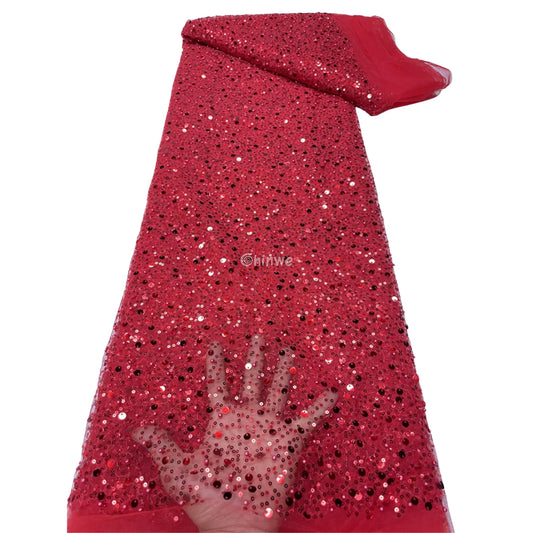Sequined French Tulle Mesh with Scattered Sequins in Sheer Sparkle Finish for Couture Embellishments Scarlet Red Sequin