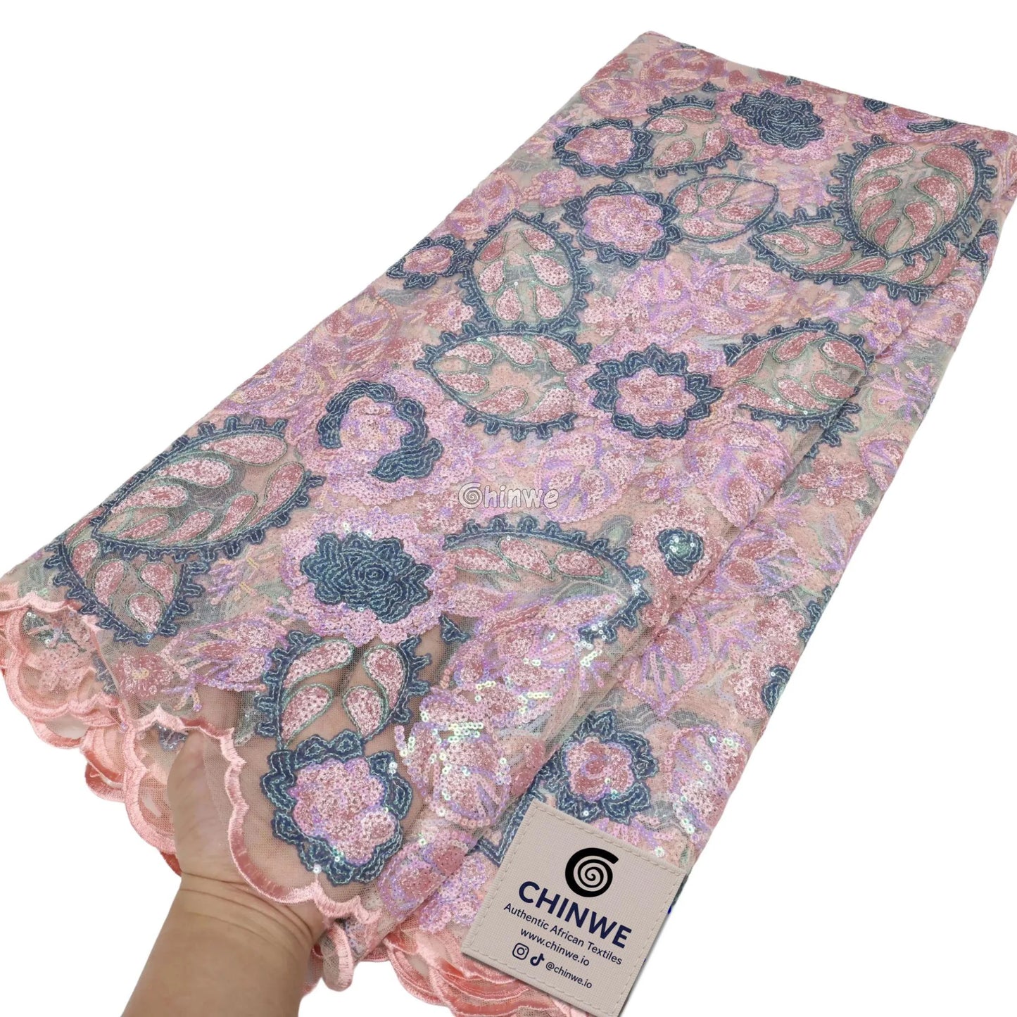 Sequined Leaf & Floral Motif Lace Print Fabric with Scalloped Edge