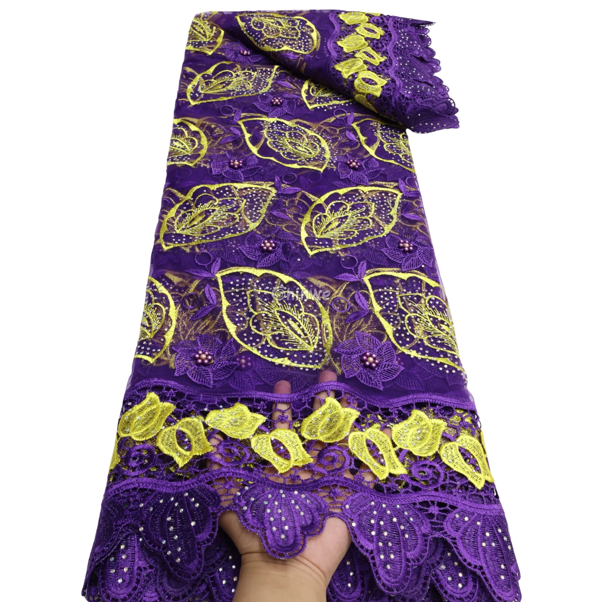 Two-Tone Leaf Motif Sequined Lace Fabric on Sheer Mesh Base with Pearlescent Beaded Details Lace