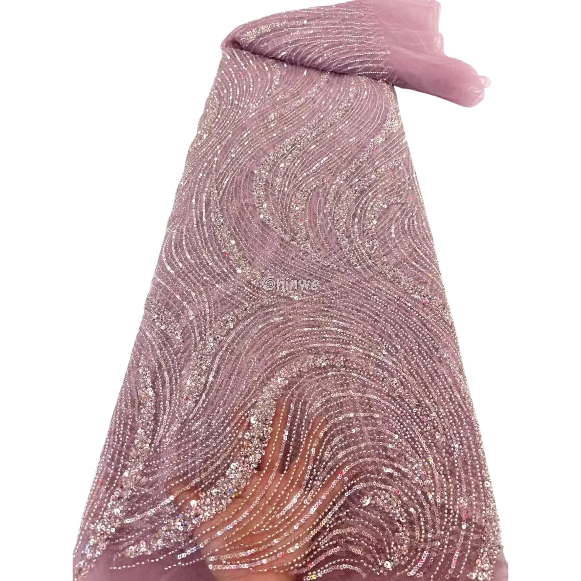 Sequined Swirl Embroidery on Sheer Mesh with Iridescent Highlights and Wave Pattern Detailing Dusty Rose / 5 Yards