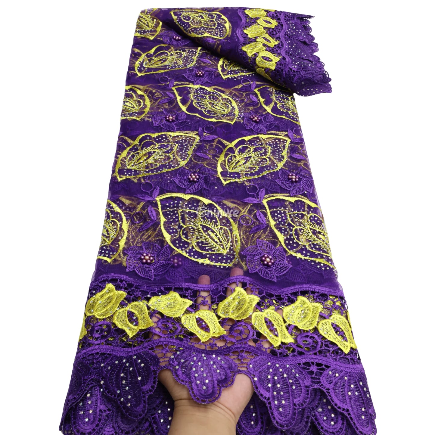 Two-Tone Leaf Motif Sequined Lace Fabric on Sheer Mesh Base with Pearlescent Beaded Details Plum Purple & Sunshine