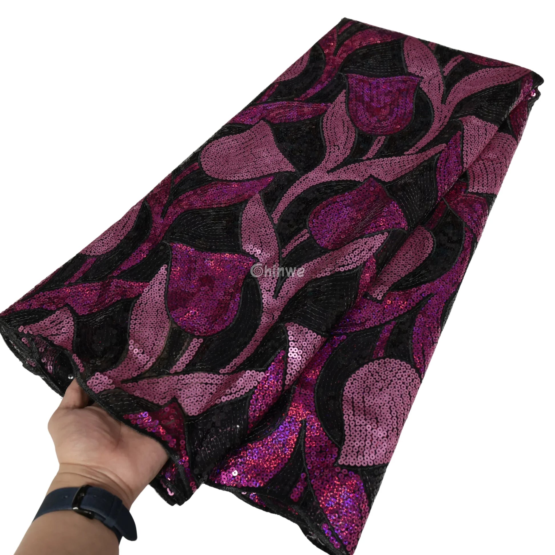 Sheer Mesh Tulip Petal Sequin Lace Print Fabric with Overlapping Curved Petal Appliqués Lace