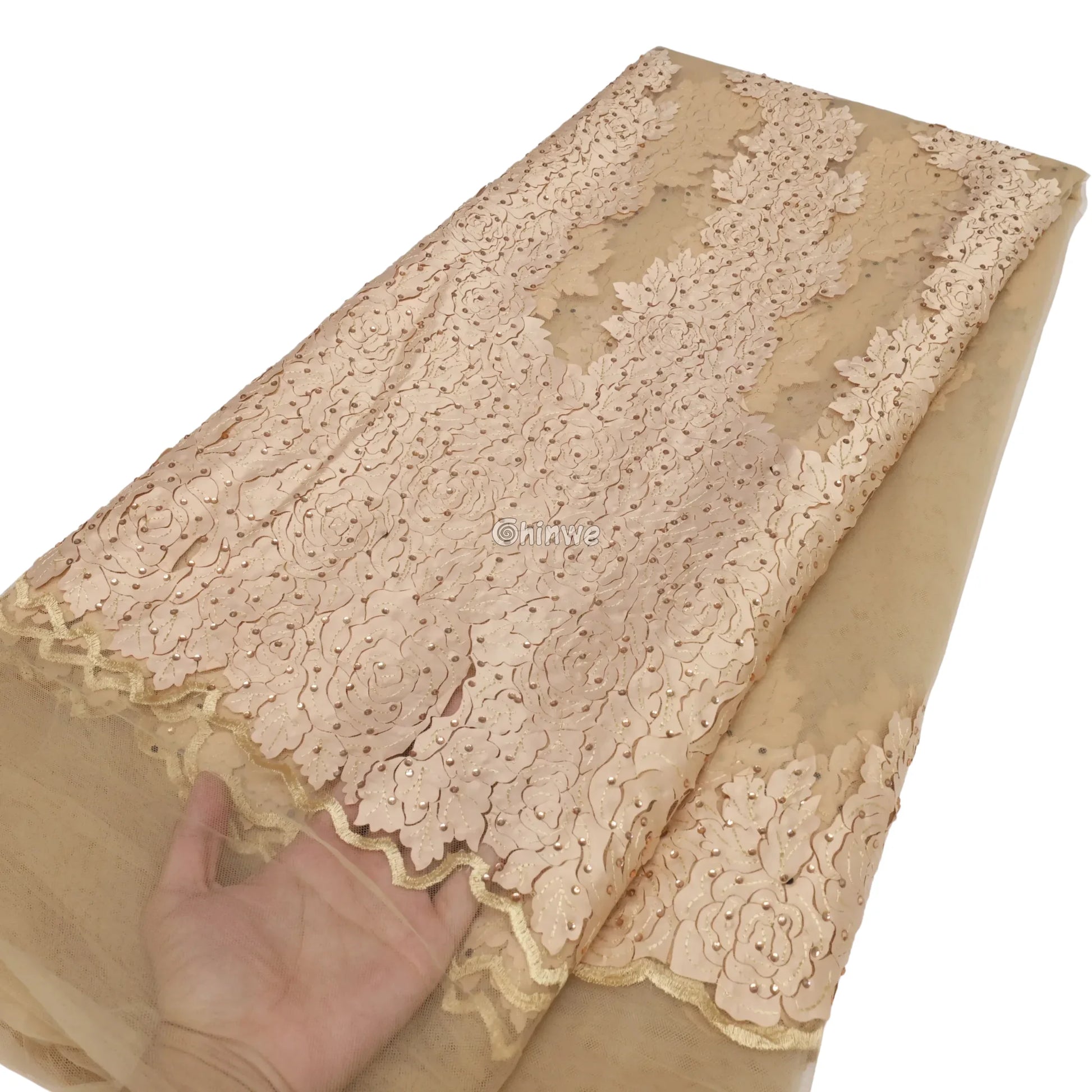 Sequined Floral Appliqué Lace Fabric with Scalloped Edge Sheer Tulle Base & Delicate Texture Lace