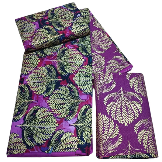 Royal Fern Metallic Brocade – Burgundy & Gold Embossed Leaf Pattern Fabric – Royal Fern / 6yards African Wax Print