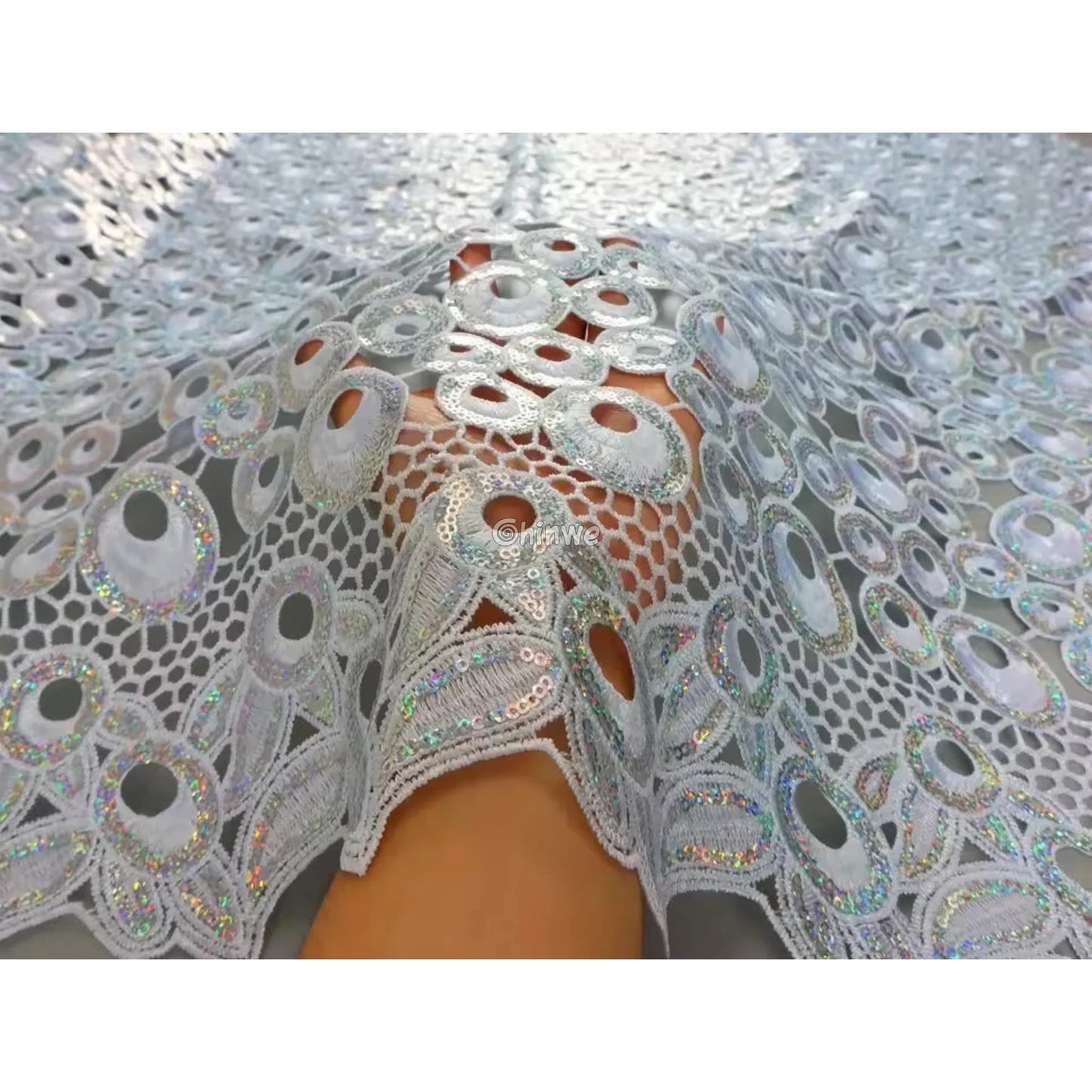 Vibrant Multi-Tone & Holographic Circular Sequins Print Guipure Cord Lace Fabric for Bridal & Couture Gowns Lace Fabric