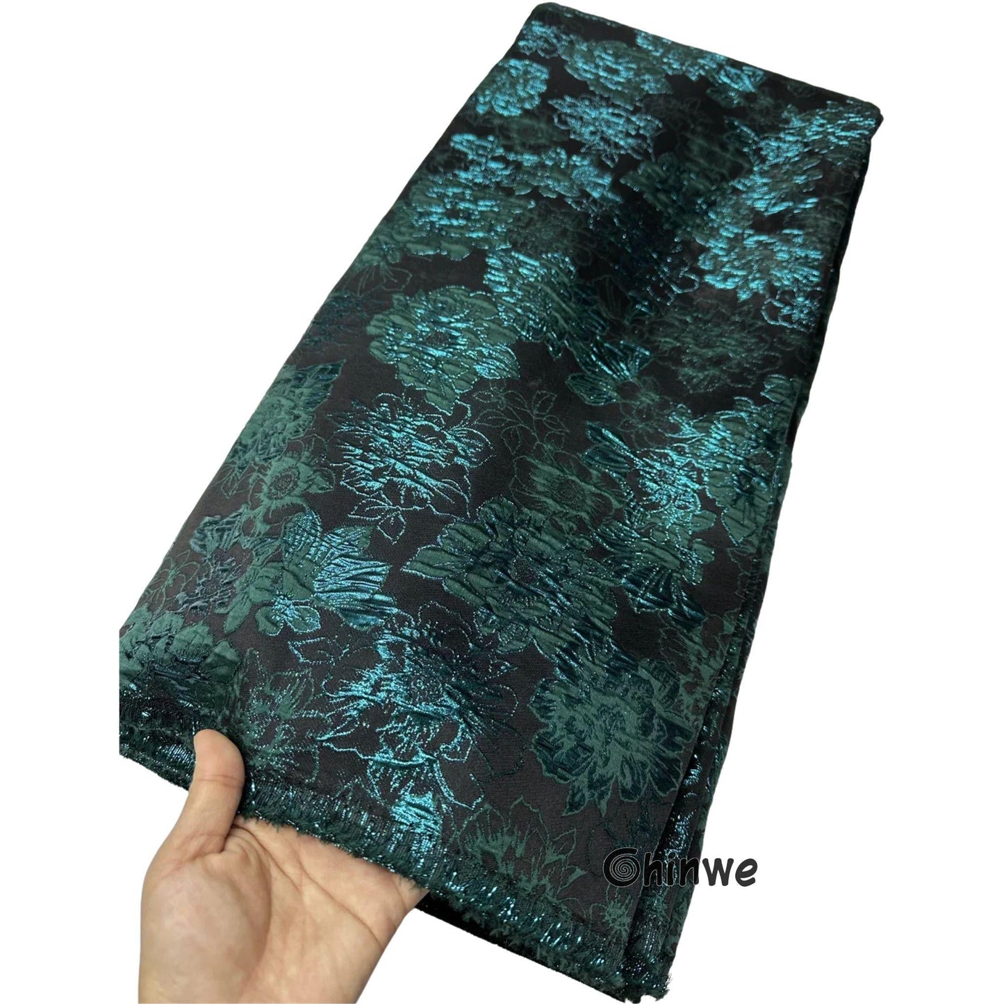 Metallic jacquard damask with raised floral pattern and gilded finish, embroidered on tulle base