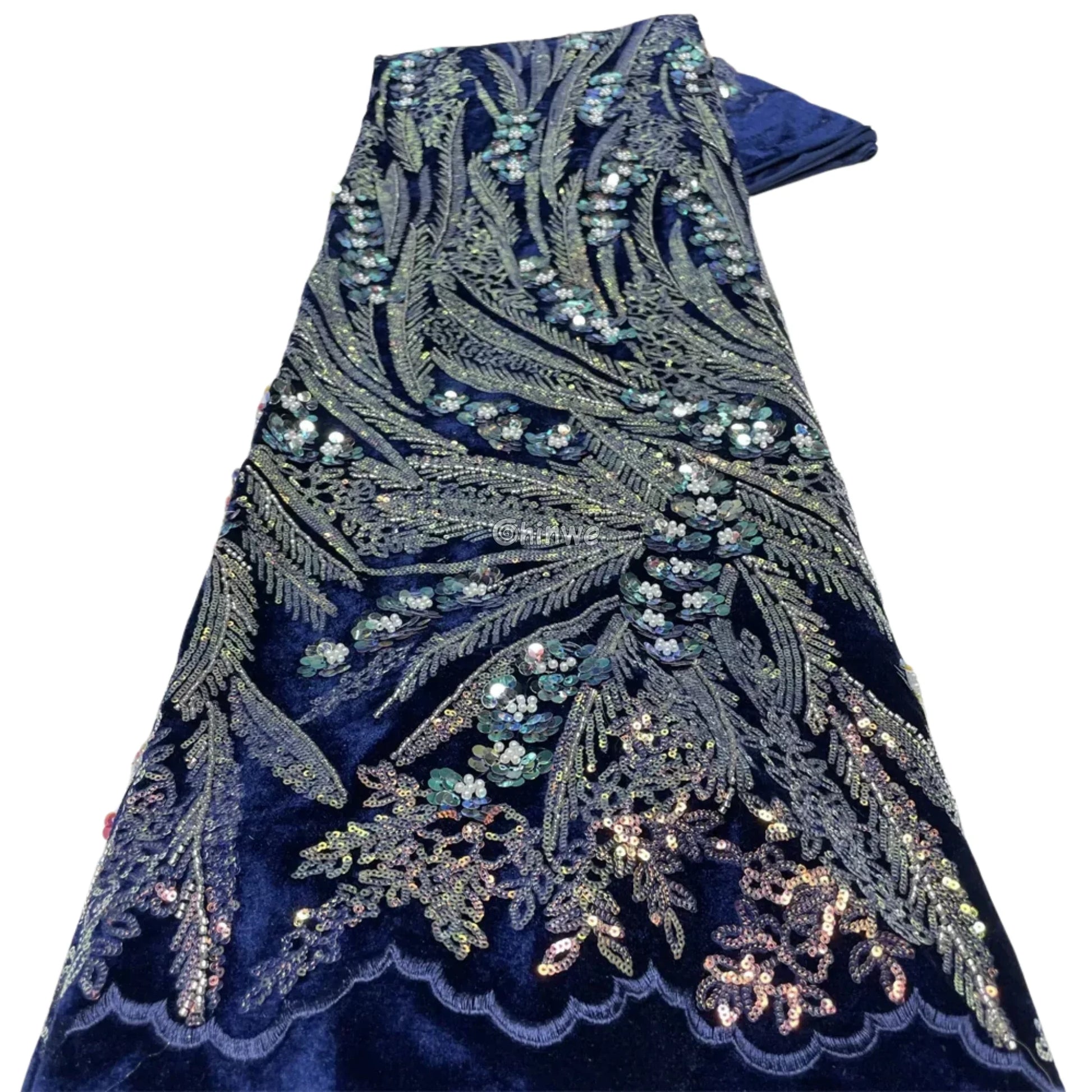 Velvet Lace Fabric with Sequins Beaded Fern Vines & Floral Embroidery Scalloped Edge Design Ocean Blue & Silver Lace