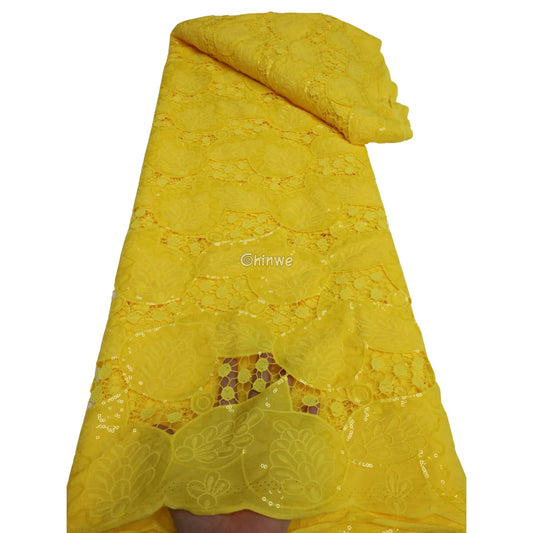 Sequin-Embellished Geometric Circle Appliqué Embroidered Lace with Scalloped Edge & Sheer Mesh Sunlit Mustard / 5 Yards