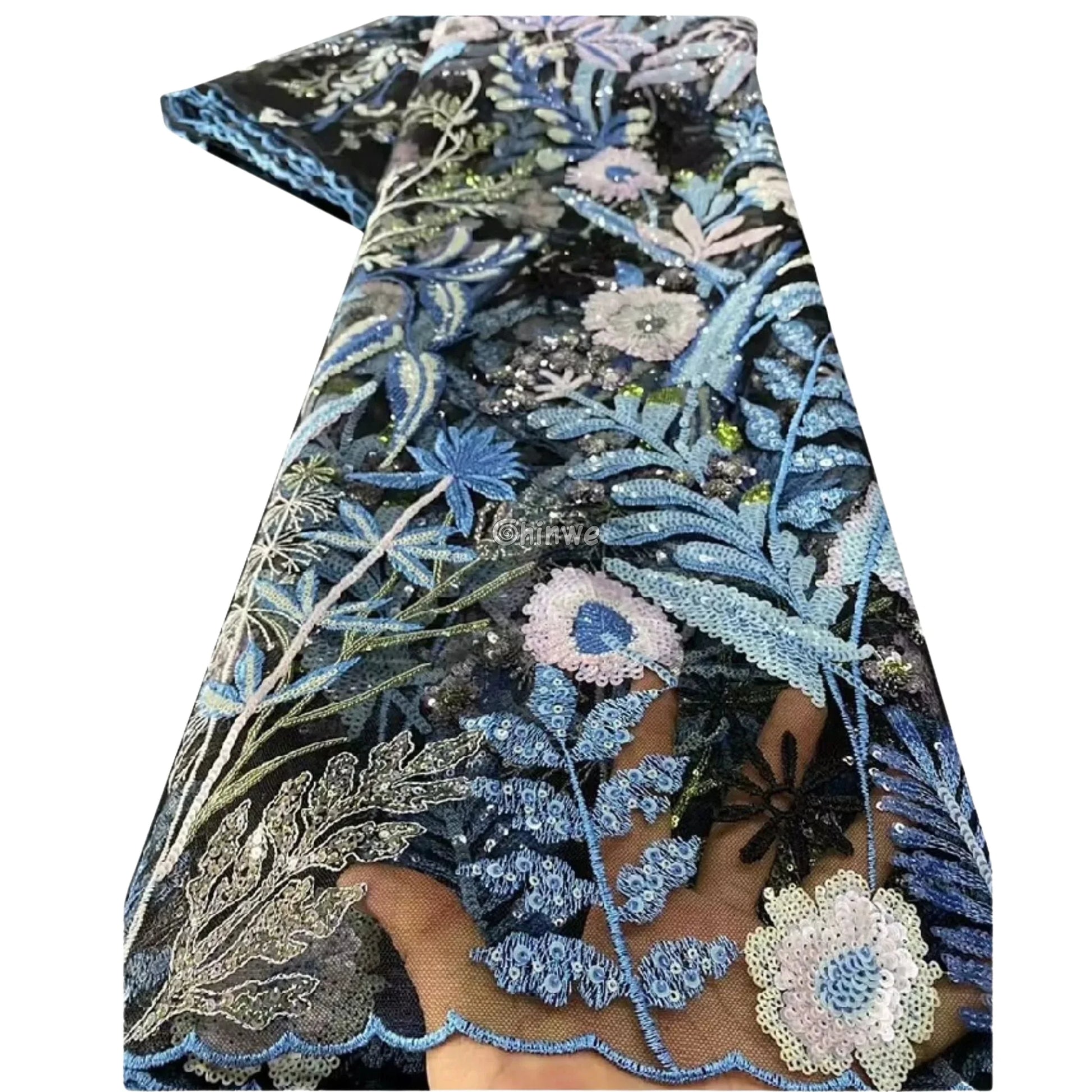 Black & Marigold Botanical Floral Vine Sequined Embroidered Scalloped-Edge Lace Fabric Lace