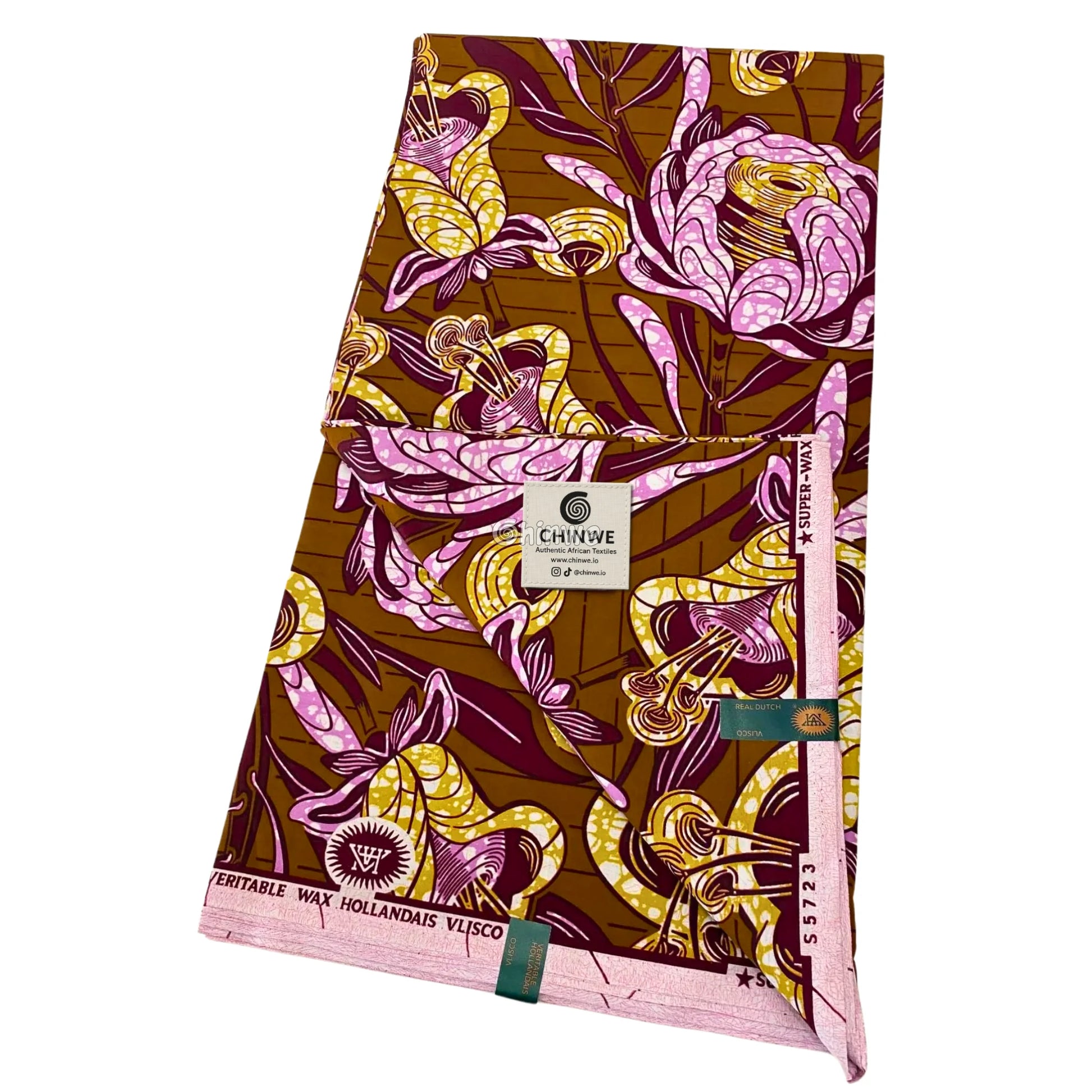 Burnt Sienna Botanical Print with Lilac Roses, Yellow Bell Flowers & Linear Background Pattern