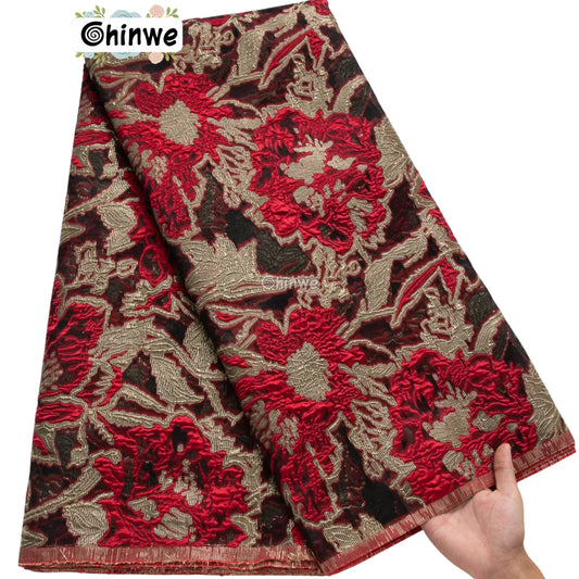 Textured Damask & Brocade Lace Fabric with Raised Floral Motif and Metallic Sheen Gradient