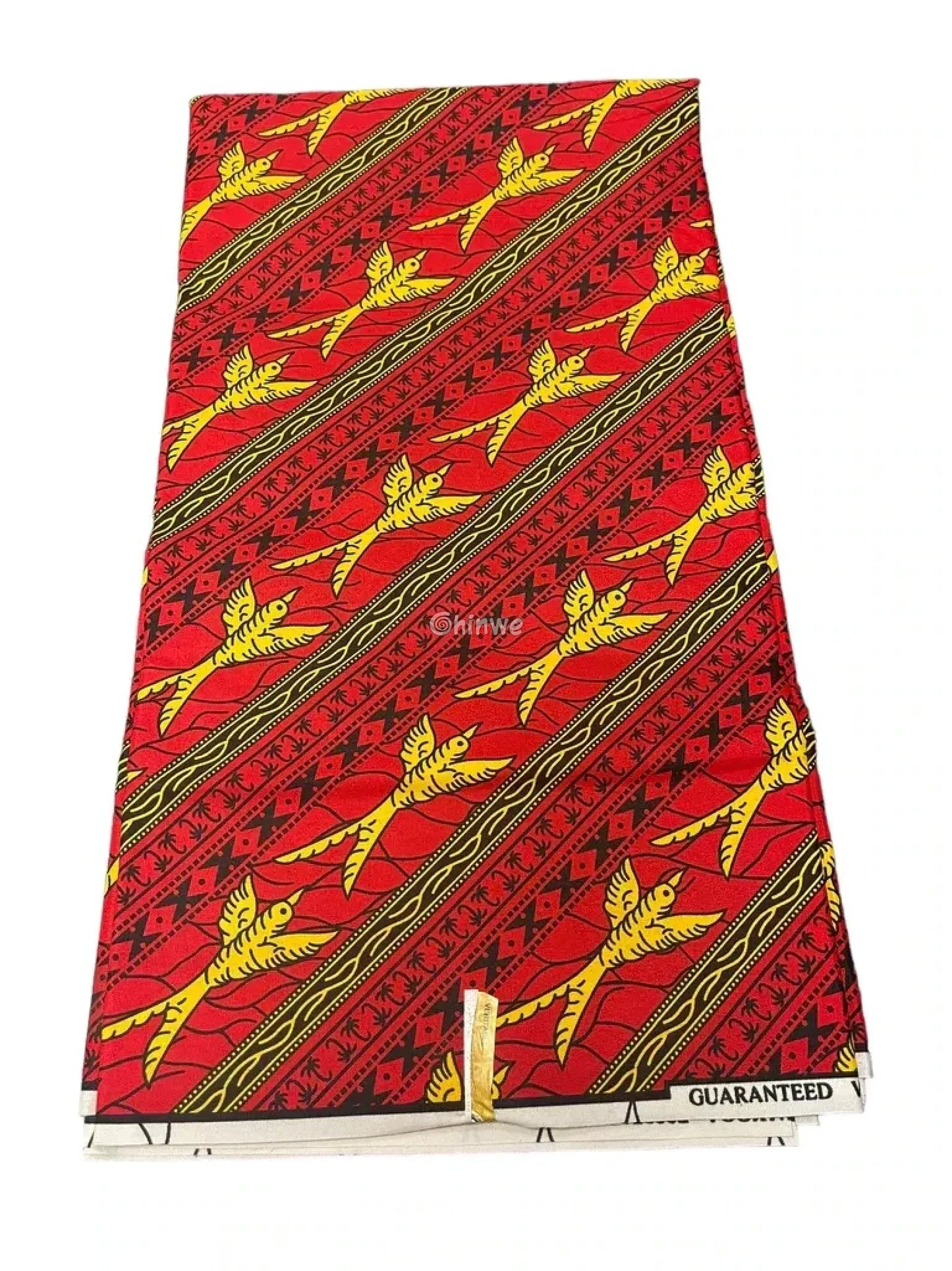 Fiery Wings Ankara Fabric – Bold Red and Yellow African Wax Print with Diagonal Bird Motif 6 yards cotton