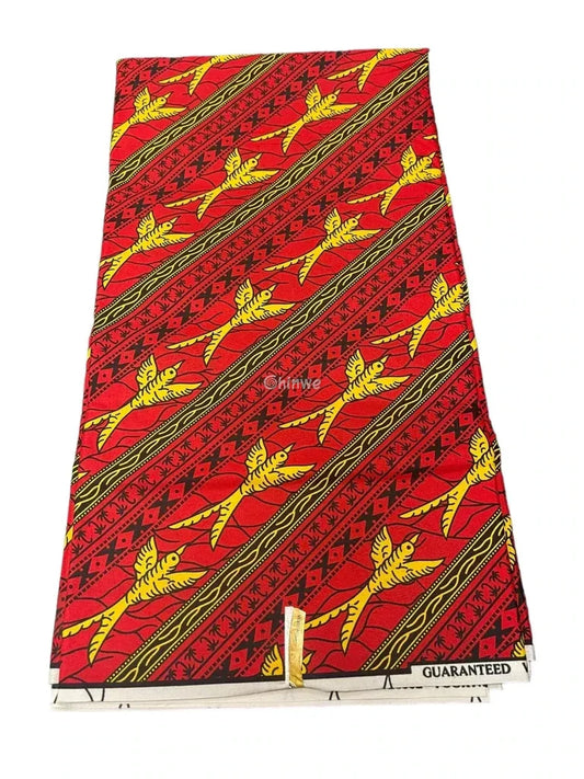Fiery Wings Ankara Fabric – Bold Red and Yellow African Wax Print with Diagonal Bird Motif 6 yards cotton