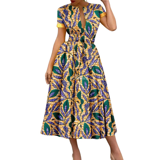 Ada Midi Belted Ankara Dress in Botanical Bloom Golden Leaf Vine / Customized Women’s Clothing