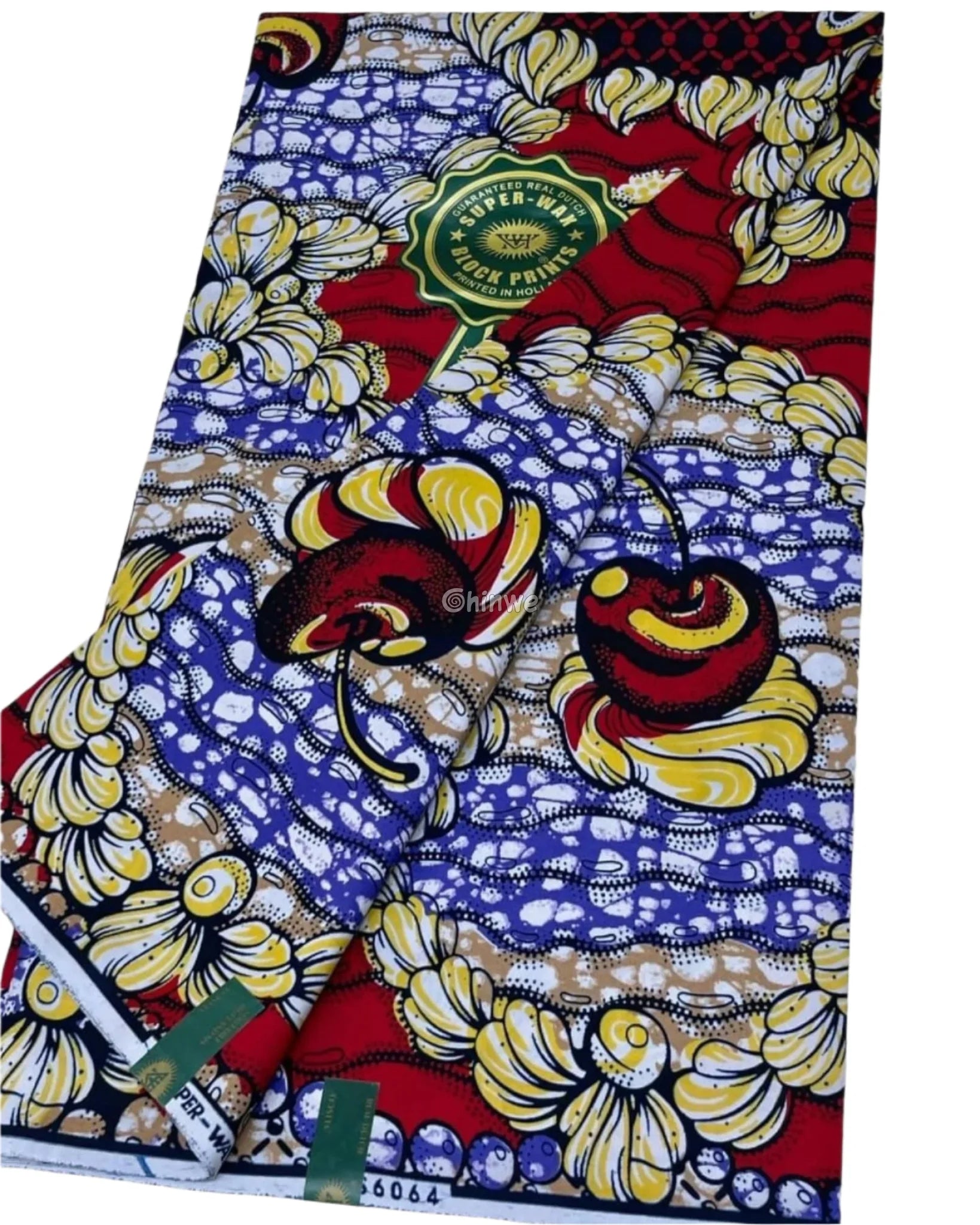 Cherry Garland & Ruffled Bloom Motif on Ocean Blue Batik with Red Beads and Yellow Petal Accents Cherry Bloom and