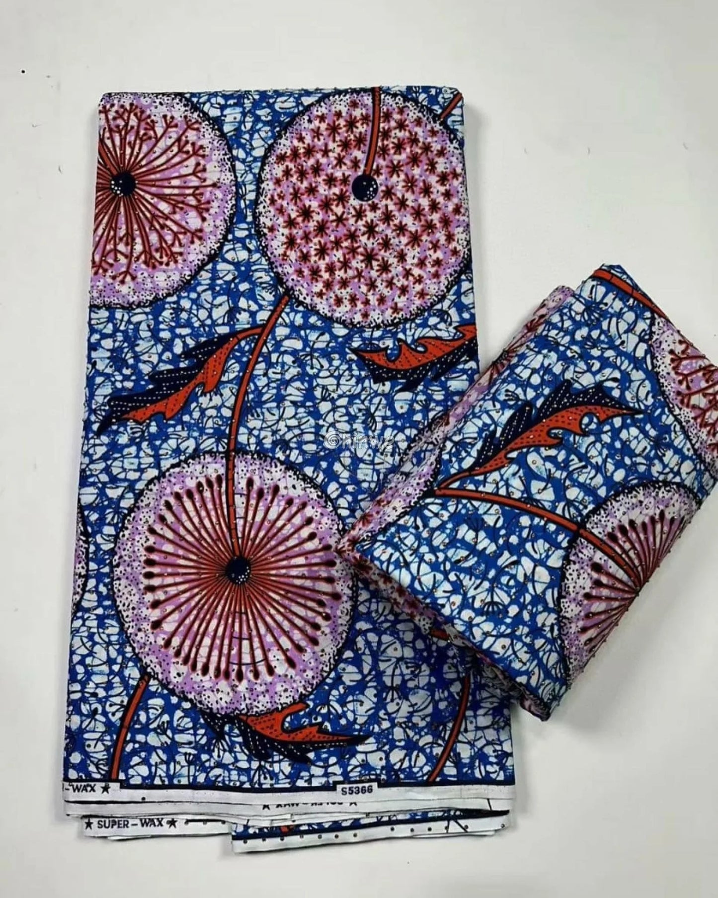 Crimson Dandelion Print with Coral Accents on Deep Indigo Batik and Blue-White Marble Background Crimson Dandelion