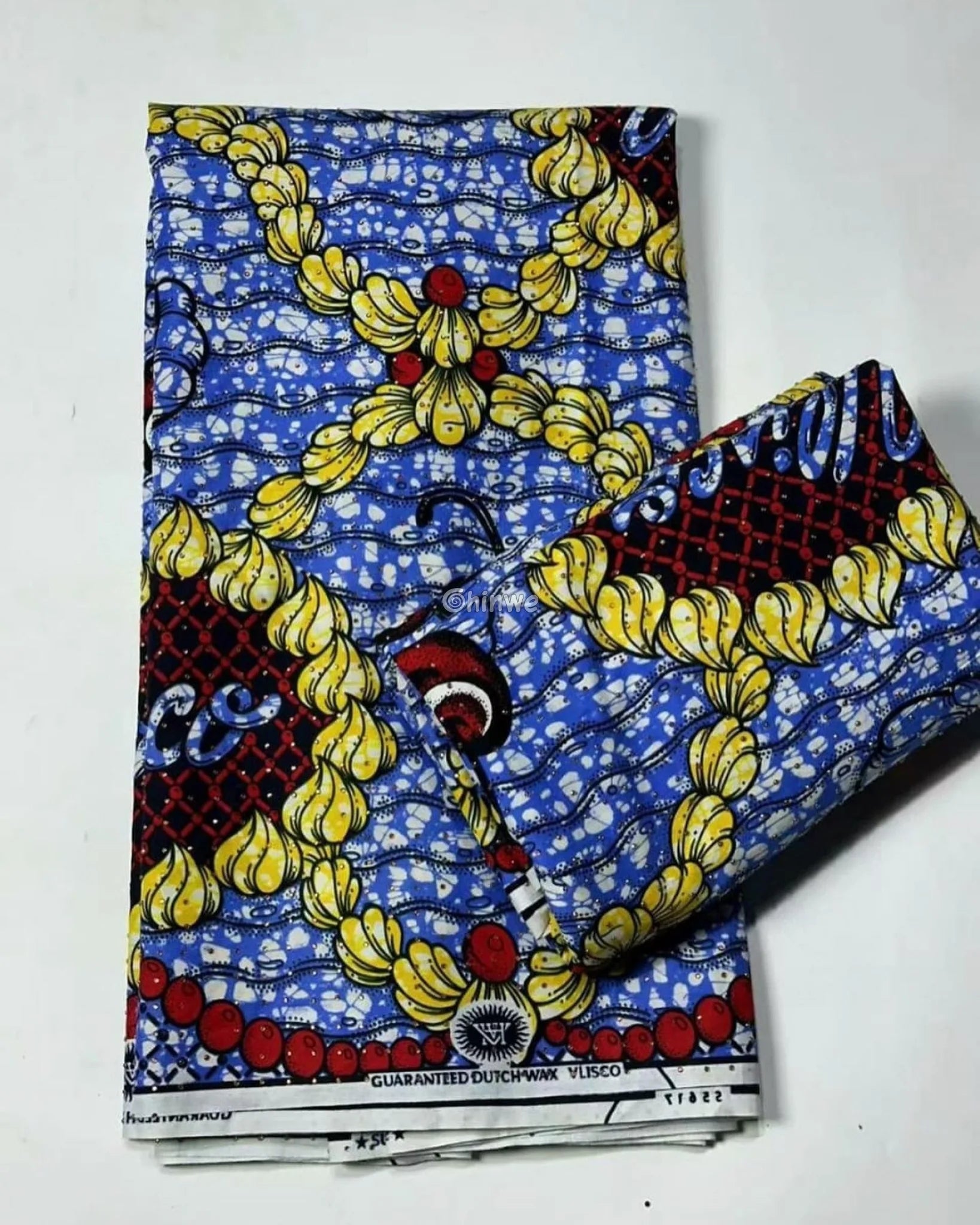 Cherry Garland & Ruffled Bloom Motif on Ocean Blue Batik with Red Beads and Yellow Petal Accents Cherry Bloom and